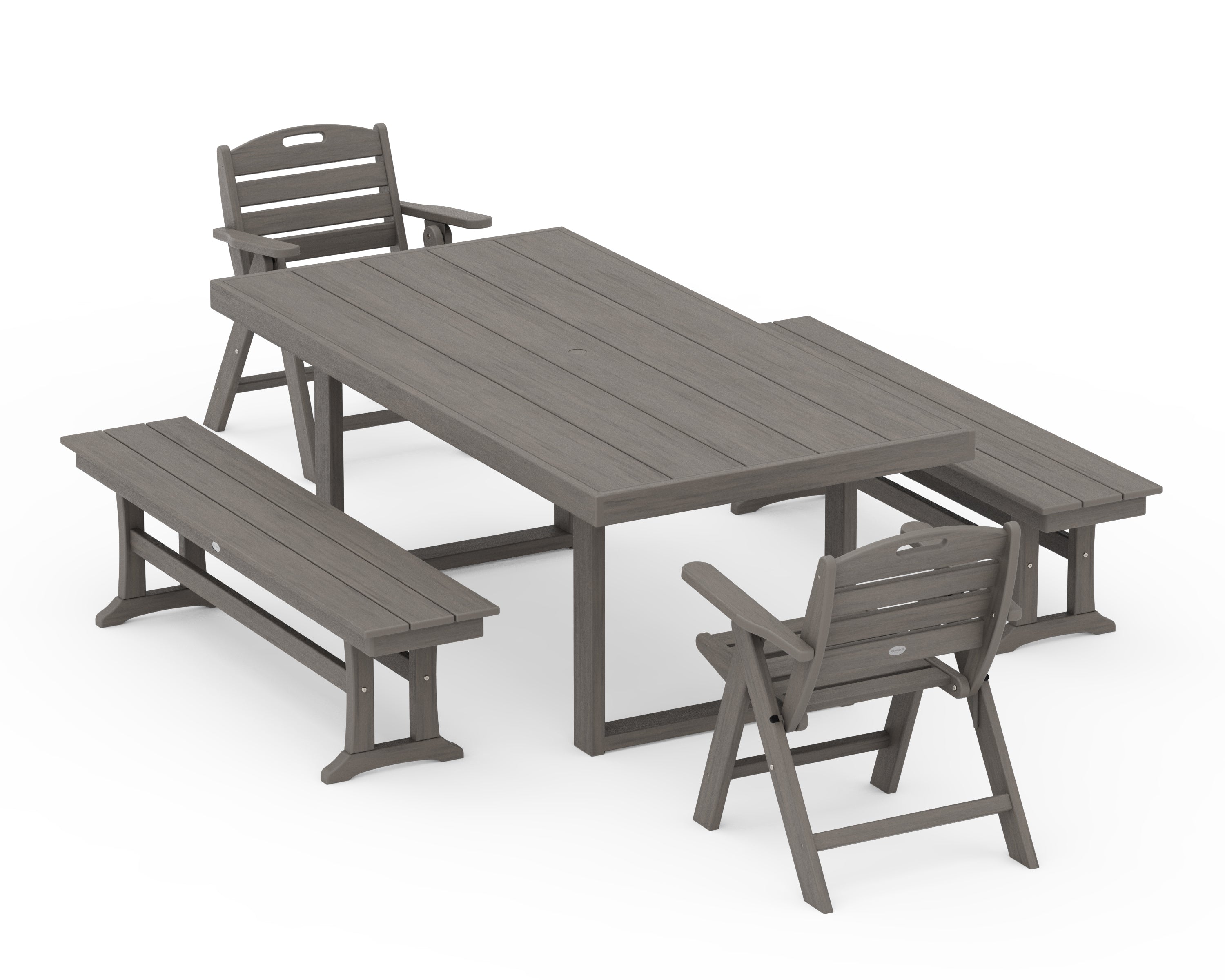 POLYWOOD Nautical Folding Highback 5-Piece Dining Set with Trestle Legs in Driftwood