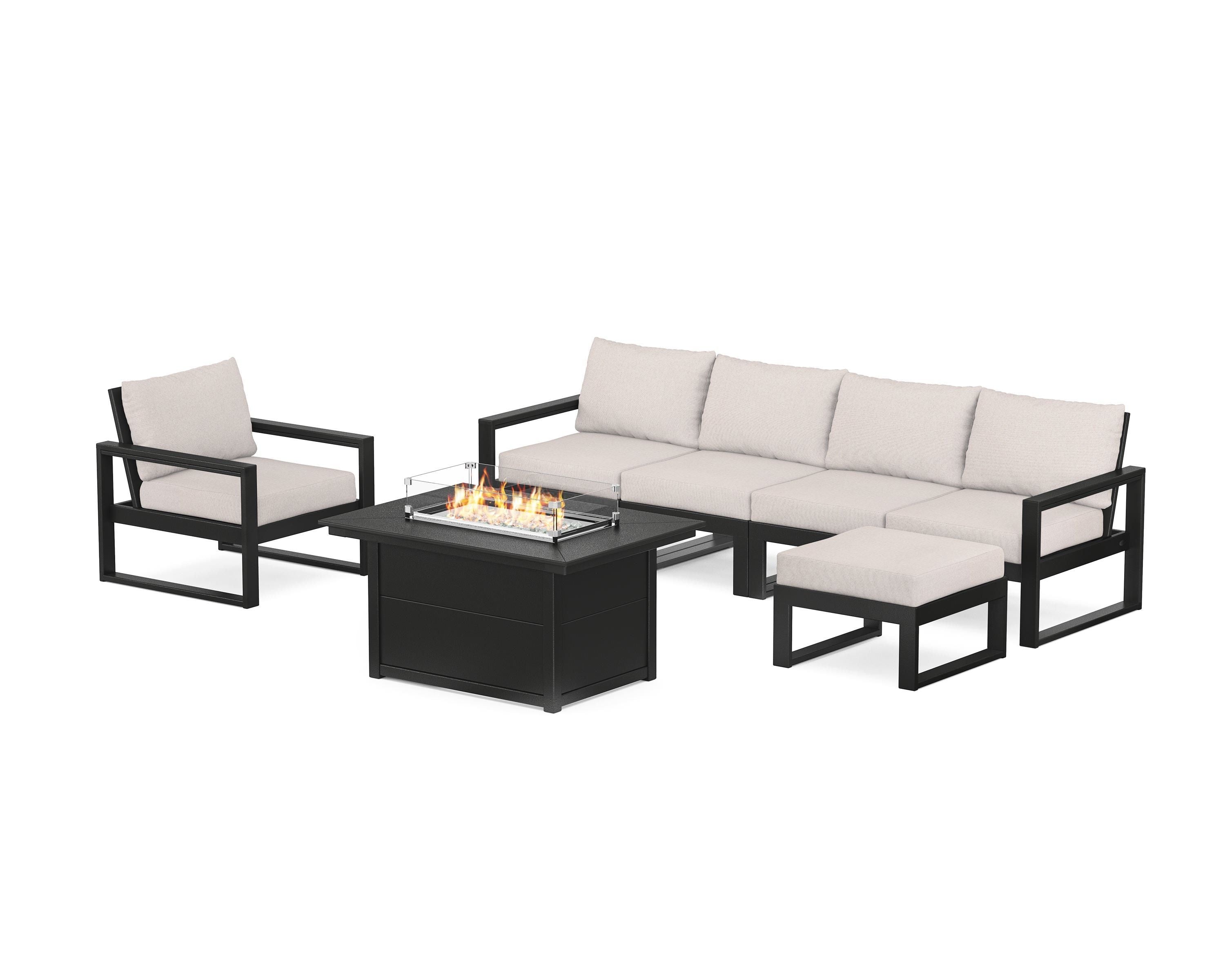 POLYWOOD EDGE Sectional Lounge and Fire Pit Set in Black / Dune Burlap