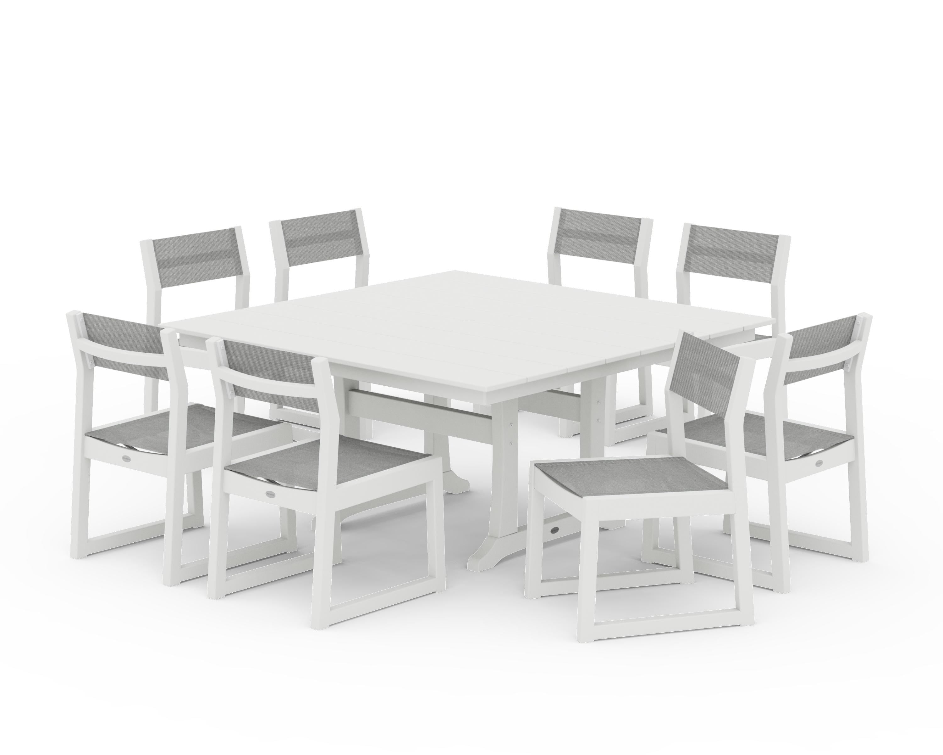 POLYWOOD EDGE Sling Side Chair 9-Piece Farmhouse Trestle Dining Set in Vintage White / Metallic Sling