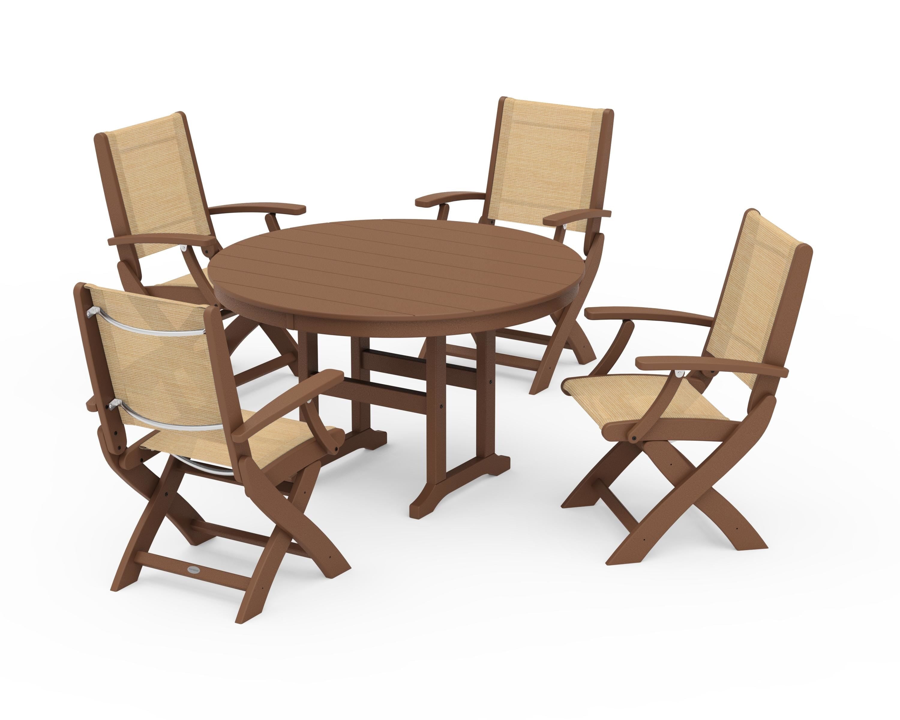 POLYWOOD Coastal Folding Chair 5-Piece Round Dining Set in Teak / Dupioni Apricot Sling
