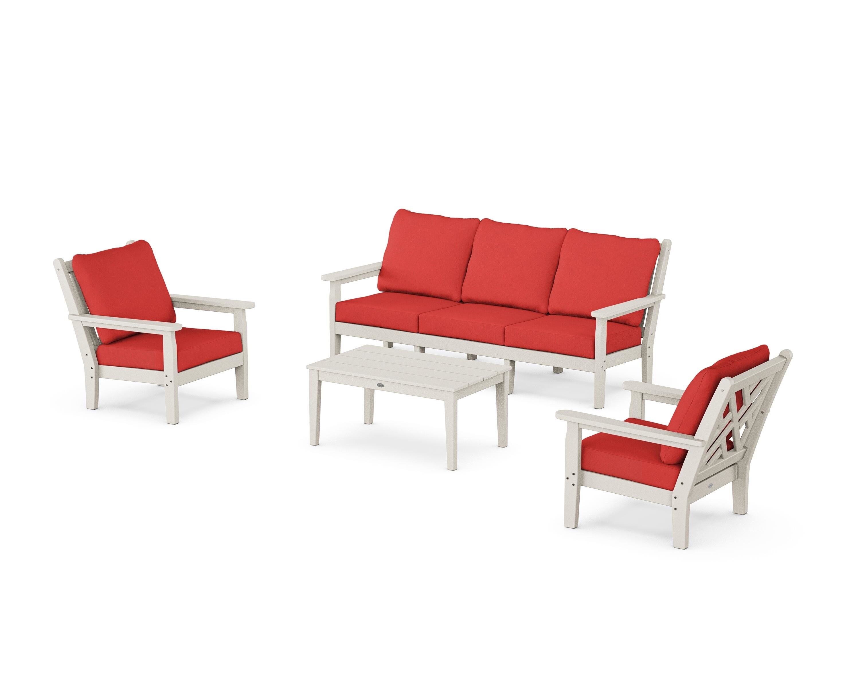 POLYWOOD Chippendale 4-Piece Deep Seating Set with Sofa in Sand / Crimson Linen