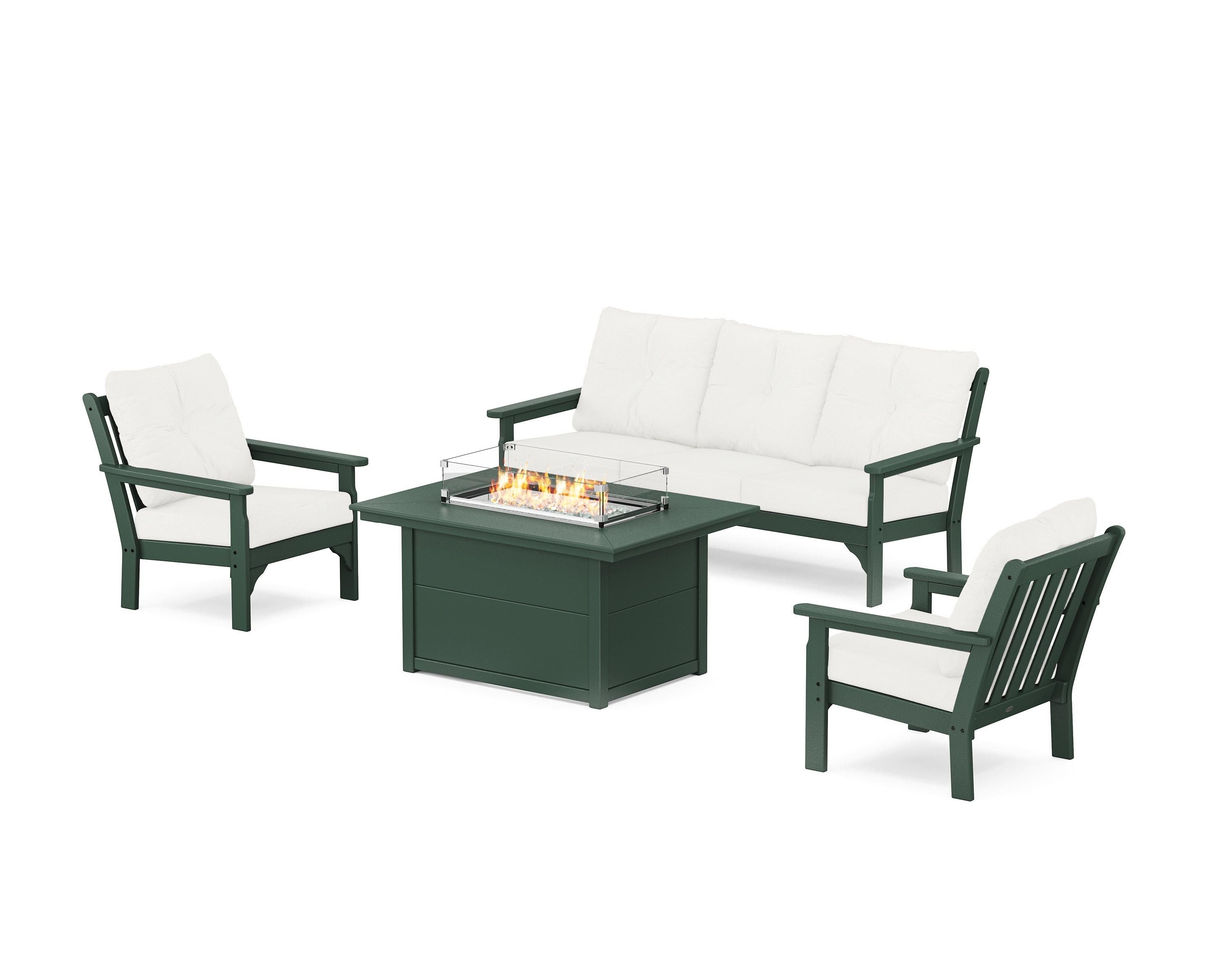 POLYWOOD Vineyard Deep Seating Fire Pit Table Set in Green / Natural Linen