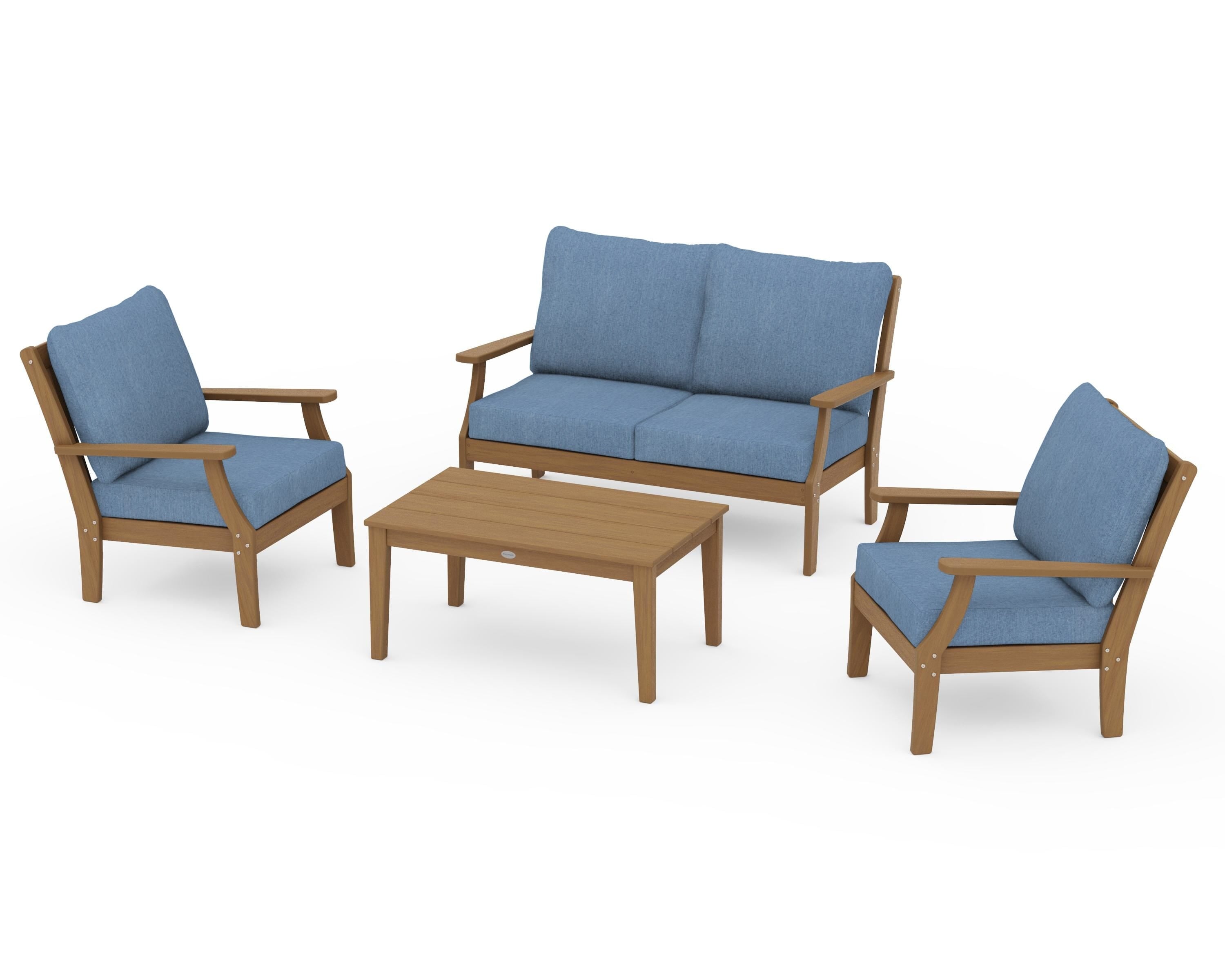 POLYWOOD Braxton 4-Piece Deep Seating Chair Set in Natural / Sky Blue