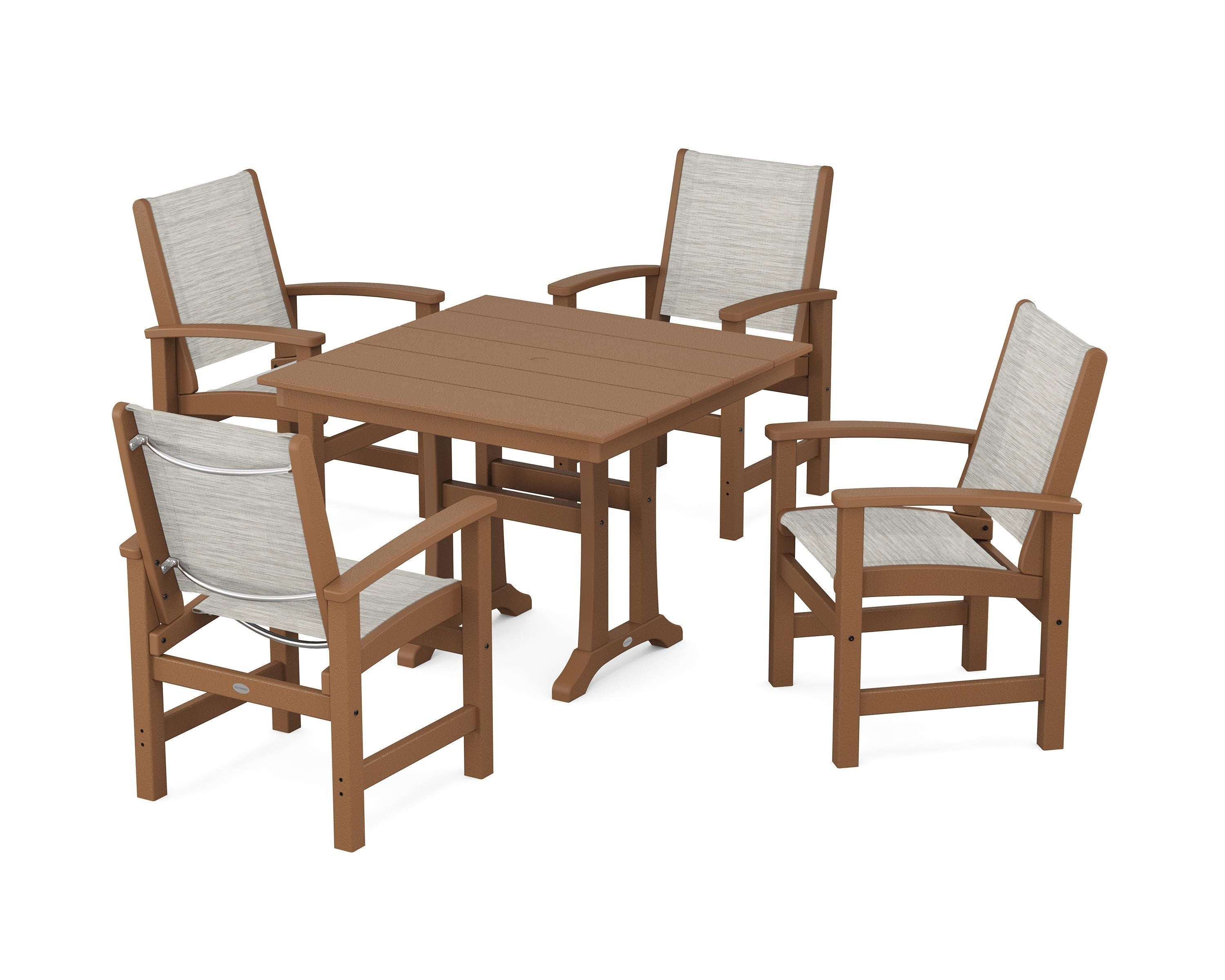 POLYWOOD Coastal 5-Piece Farmhouse Dining Set With Trestle Legs in Teak / Birch Sling