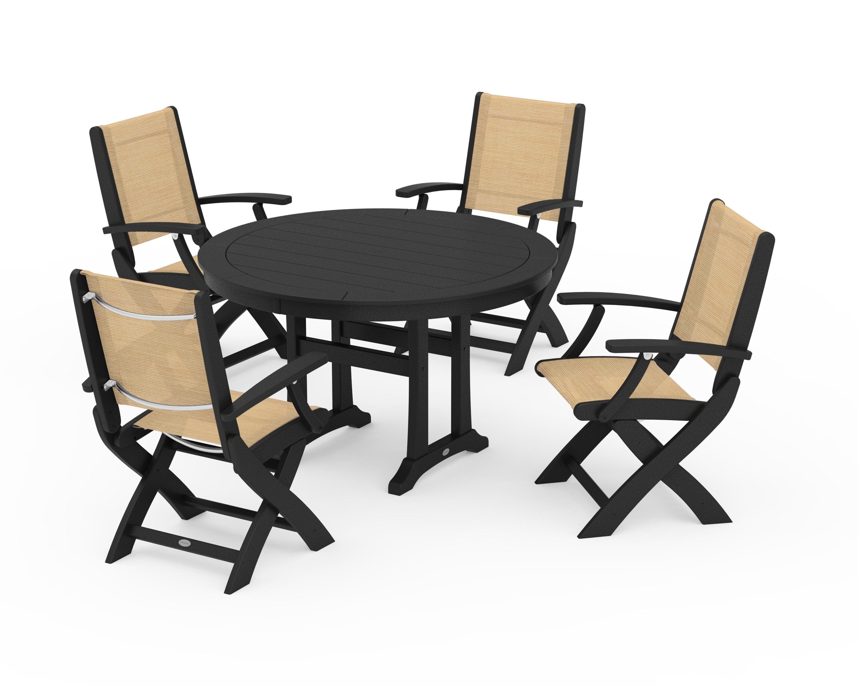 POLYWOOD Coastal Folding Chair 5-Piece Round Dining Set with Trestle Legs in Black / Dupioni Apricot Sling