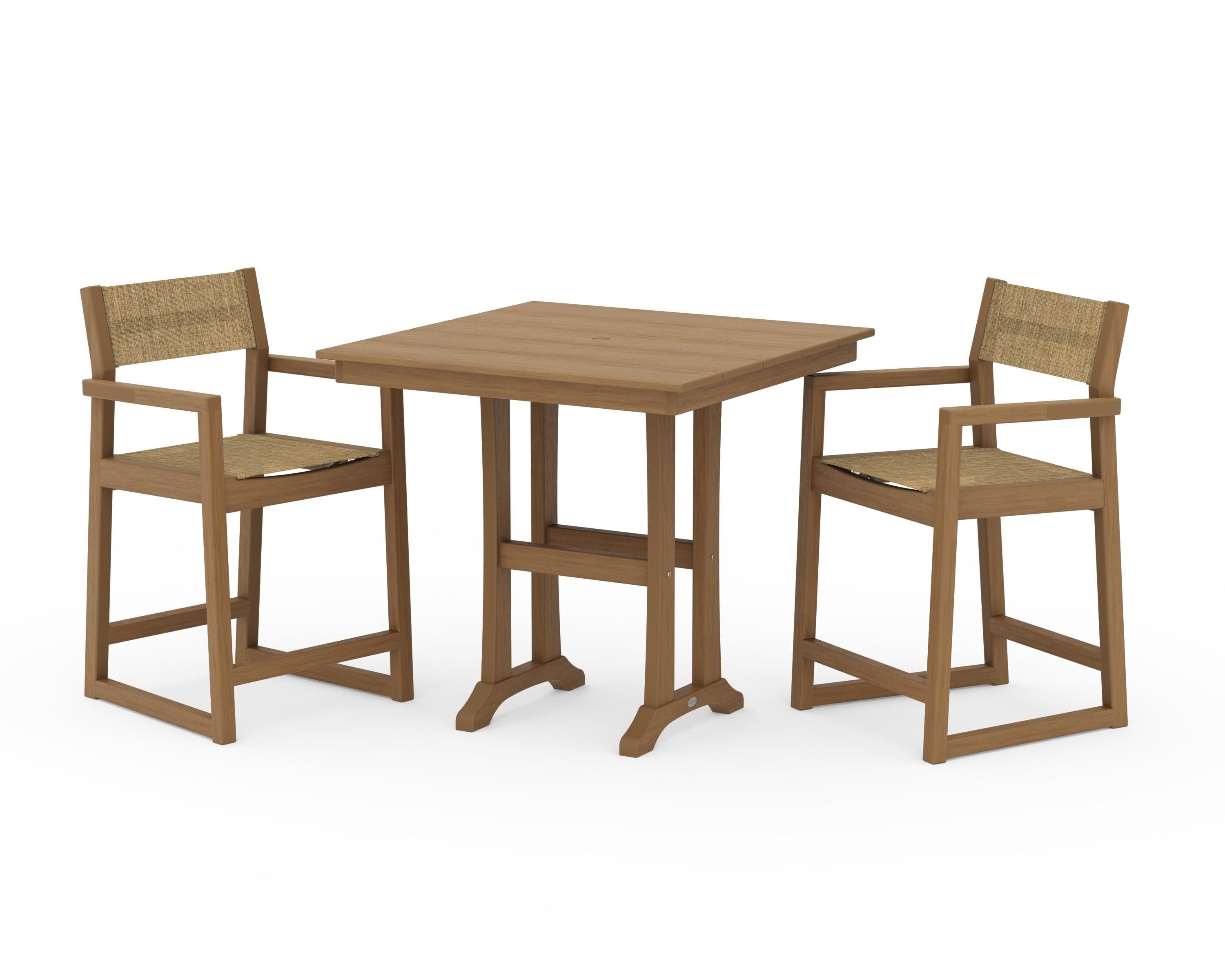 POLYWOOD EDGE Sling Arm Chair 3-Piece Farmhouse Counter Set with Trestle Legs in Natural / Burlap Sling