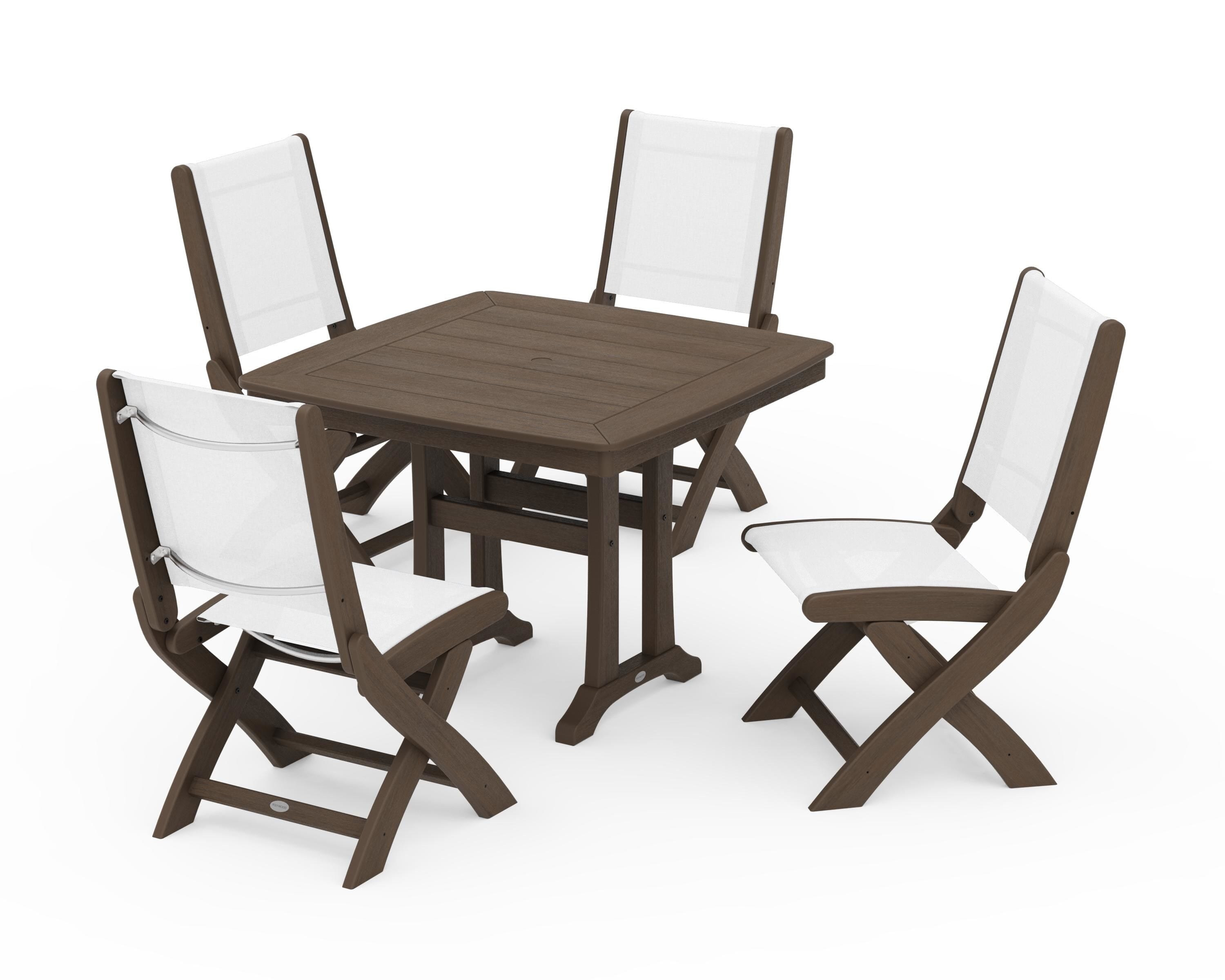 POLYWOOD Coastal Folding Side Chair 5-Piece Dining Set with Trestle Legs in Kona / White Sling