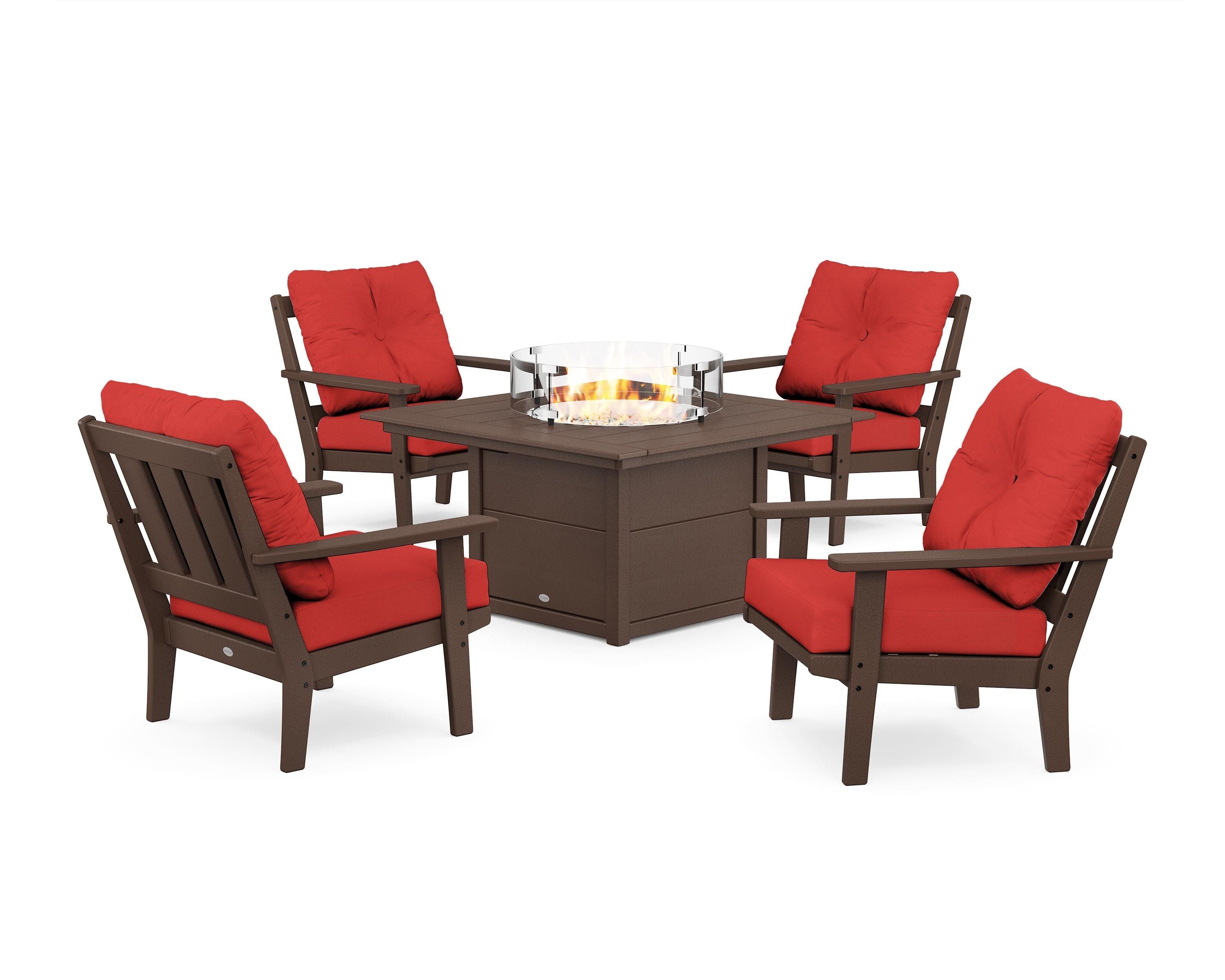 POLYWOOD Oxford 5-Piece Deep Seating Set with Fire Pit Table in Mahogany / Crimson Linen