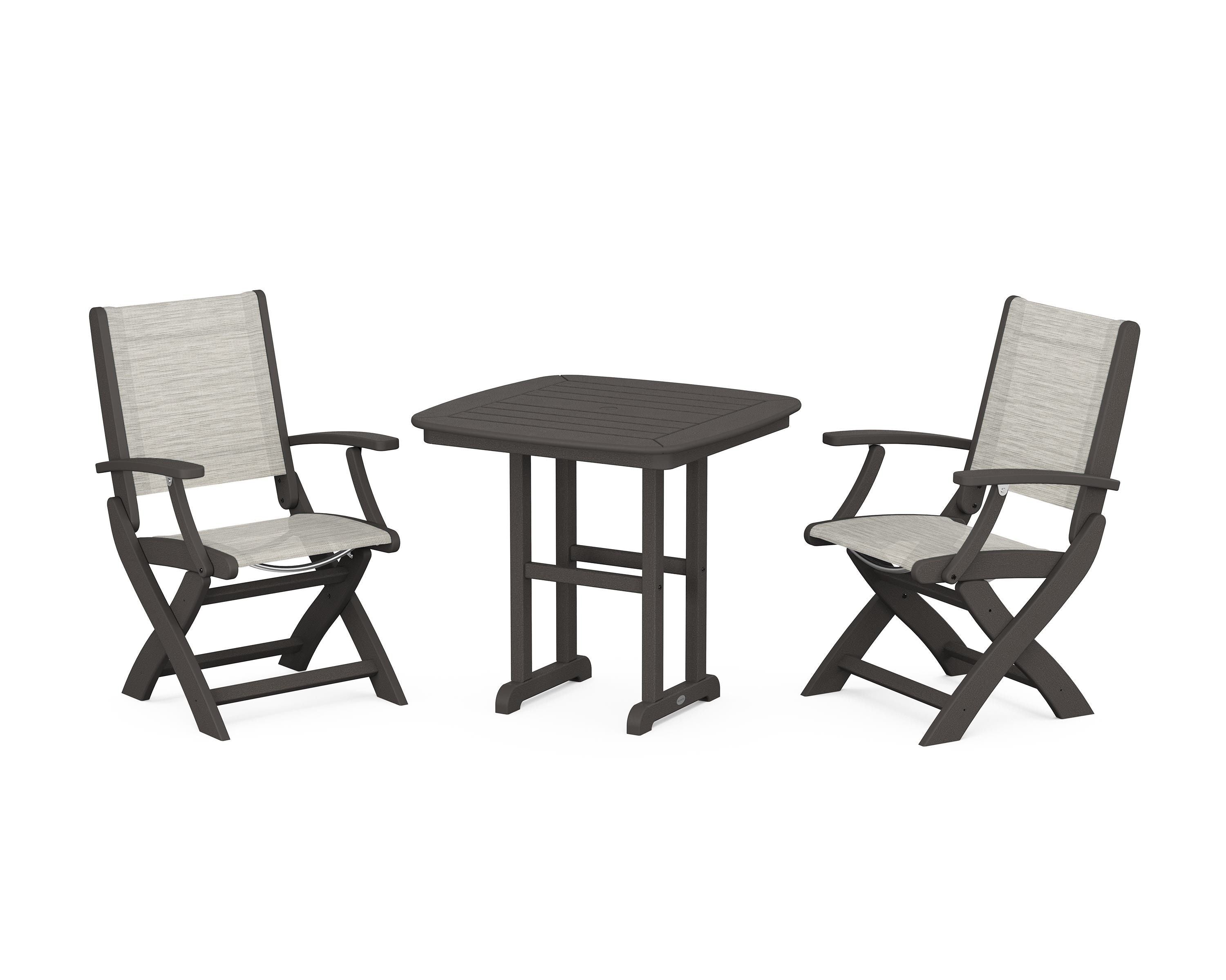 POLYWOOD Coastal Folding Chair 3-Piece Dining Set in Vintage Coffee / Birch Sling