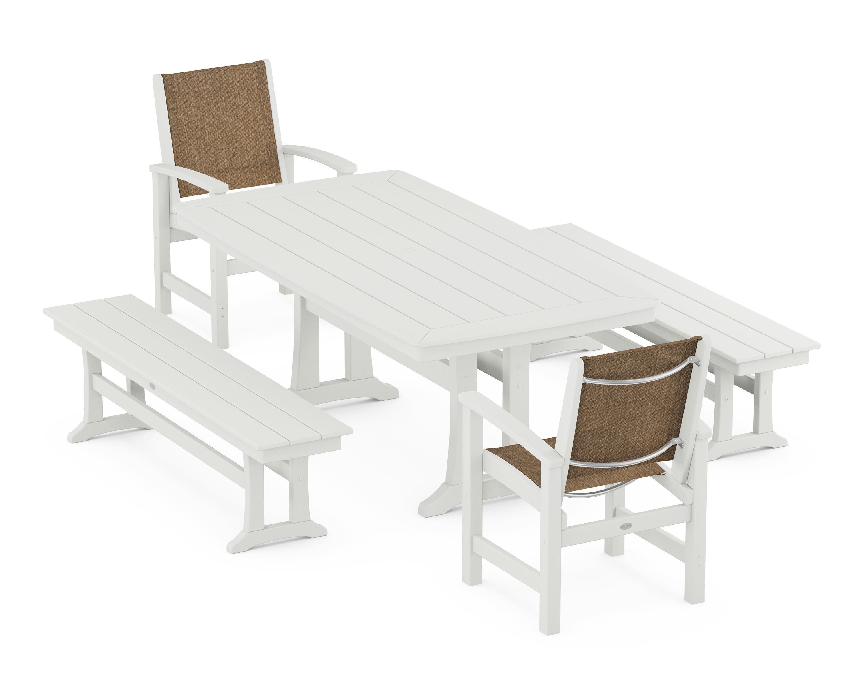 POLYWOOD Coastal 5-Piece Dining Set with Trestle Legs and Benches in Vintage White / Burlap Sling