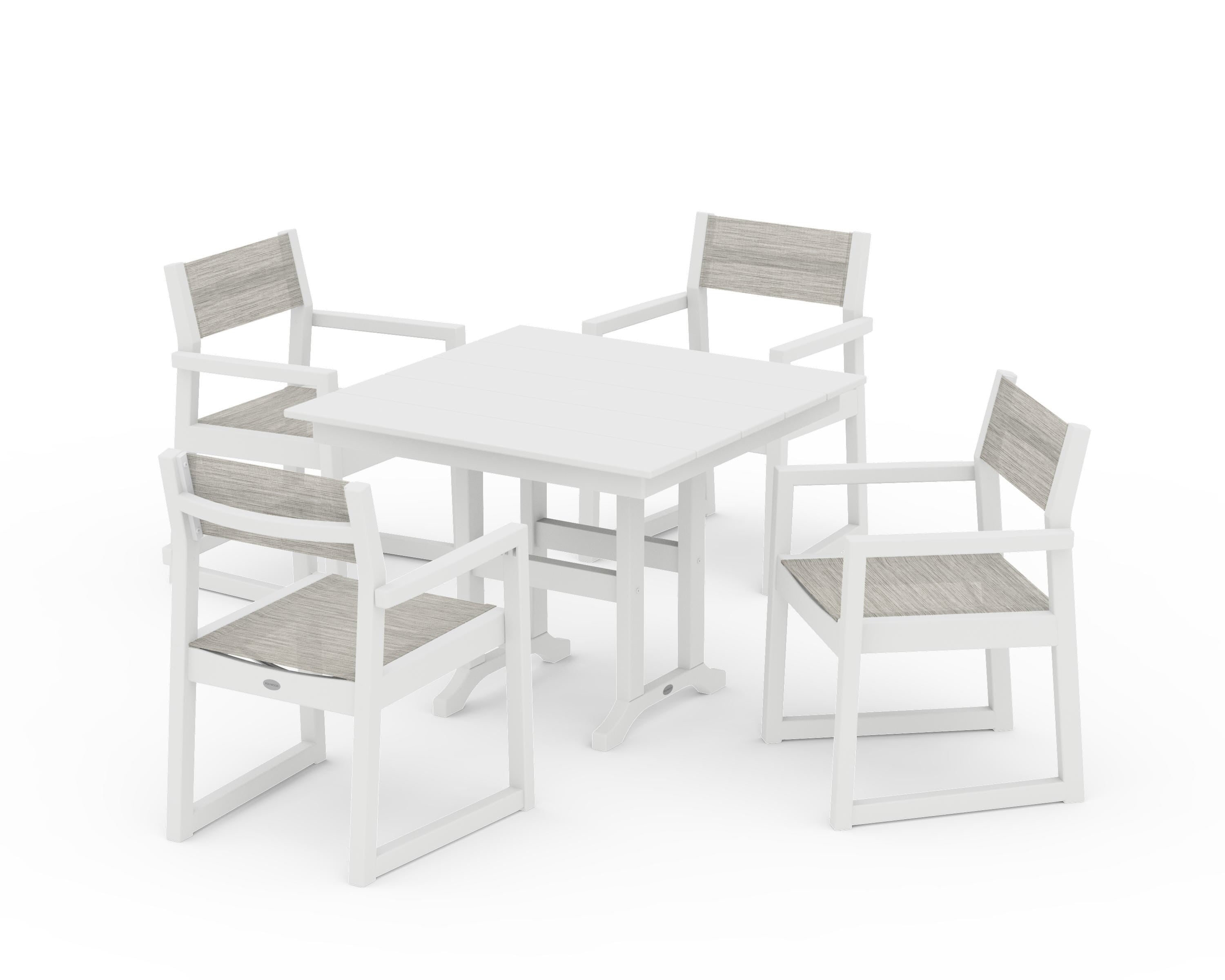 POLYWOOD EDGE Sling Arm Chair 5-Piece Farmhouse Dining Set in White / Birch Sling