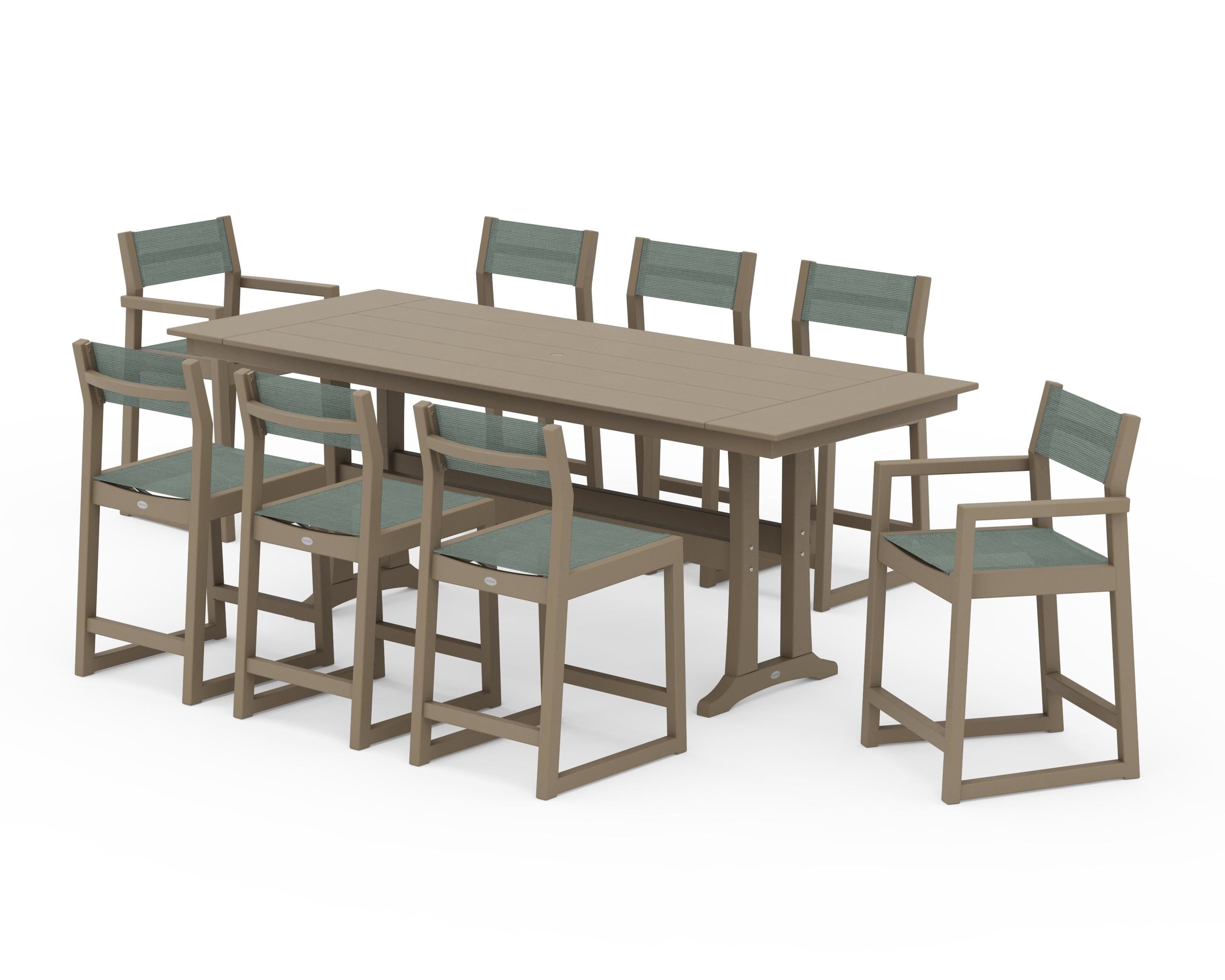 POLYWOOD EDGE Sling 9-Piece Farmhouse Counter Set with Trestle Legs in Vintage Sahara / Dupioni Sea Mist Sling