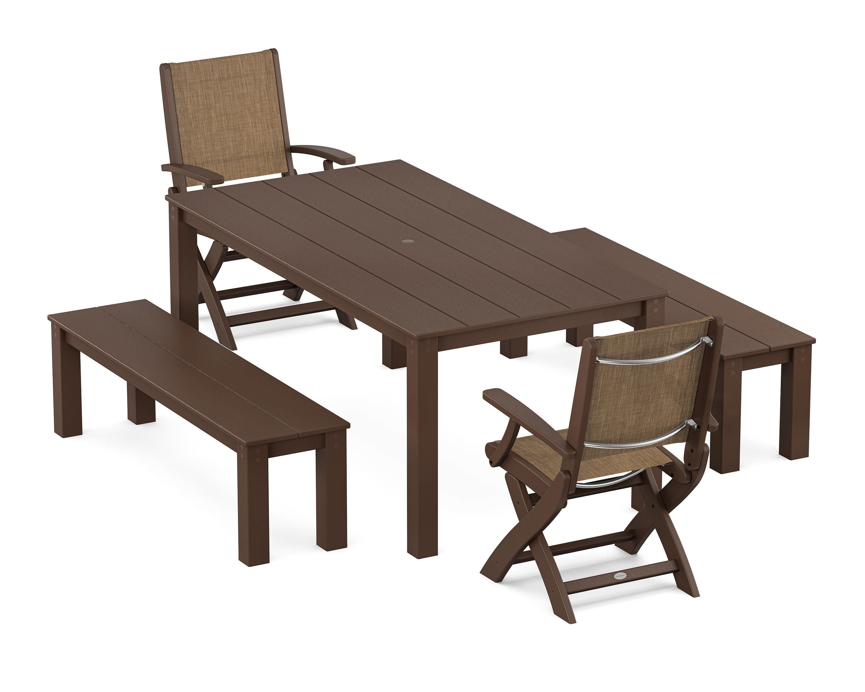 POLYWOOD Coastal Folding Chair 5-Piece Parsons Dining Set with Benches in Mahogany / Burlap Sling