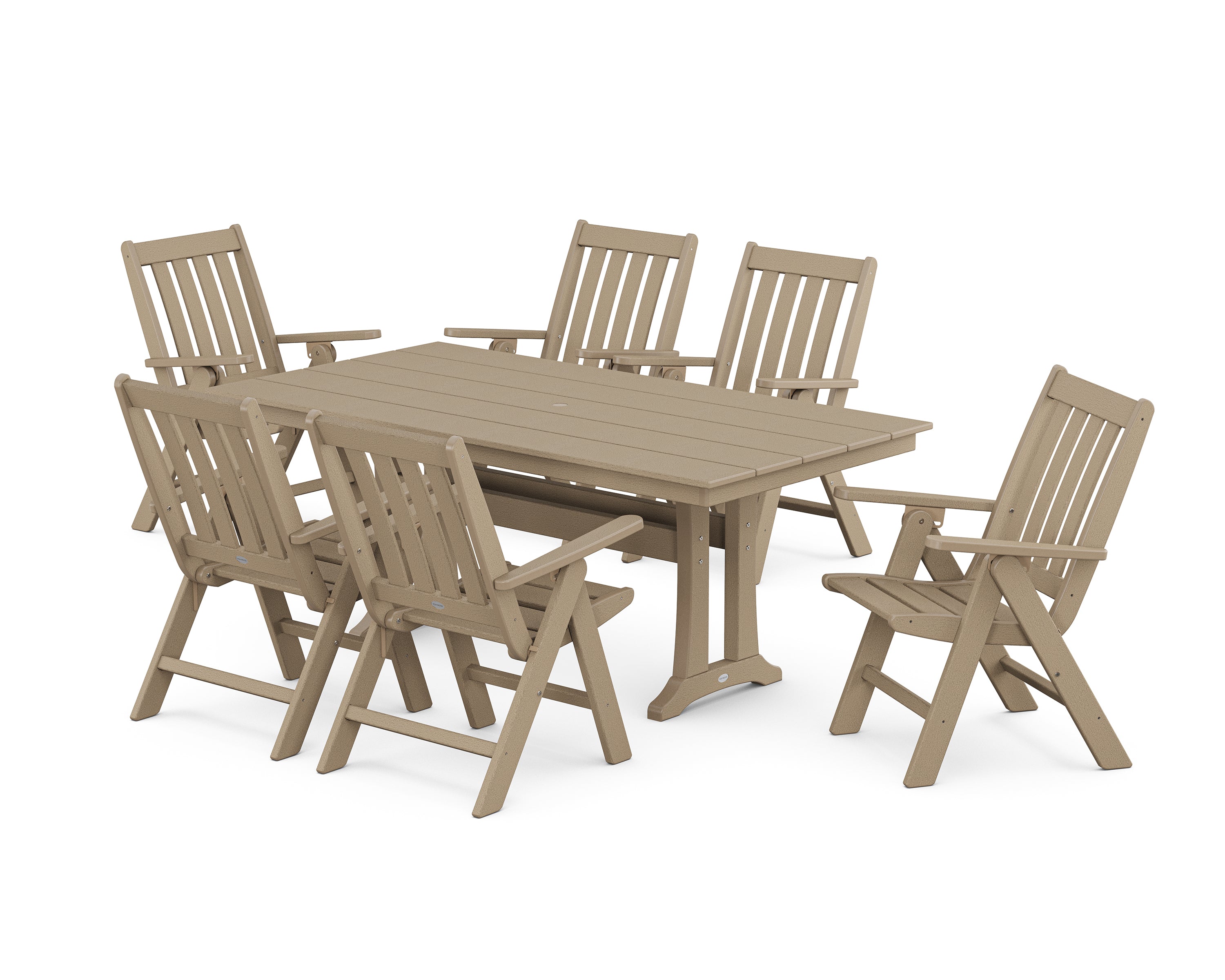 POLYWOOD Vineyard Folding Chair 7-Piece Farmhouse Dining Set with Trestle Legs in Vintage Sahara