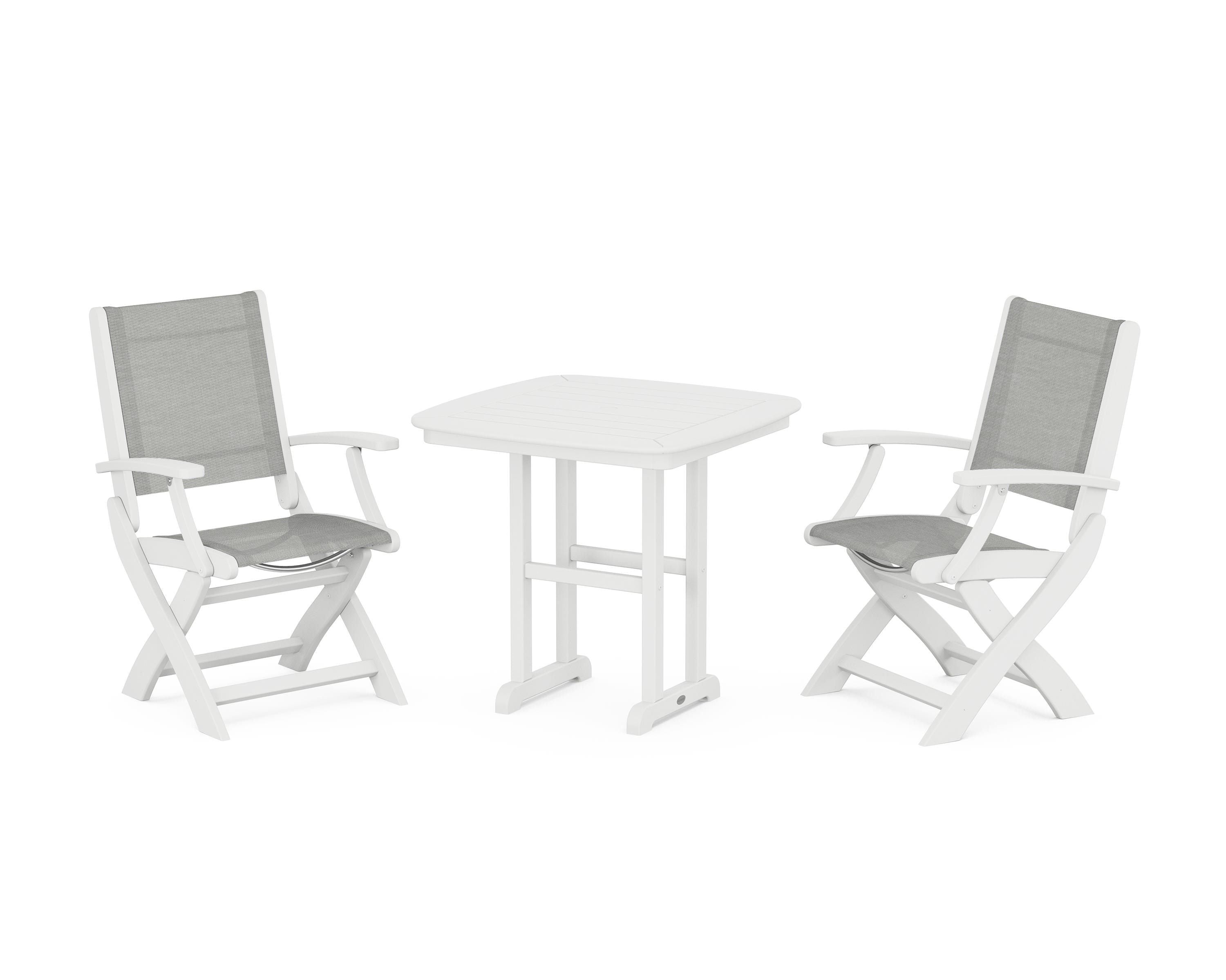 POLYWOOD Coastal Folding Chair 3-Piece Dining Set in White / Metallic Sling
