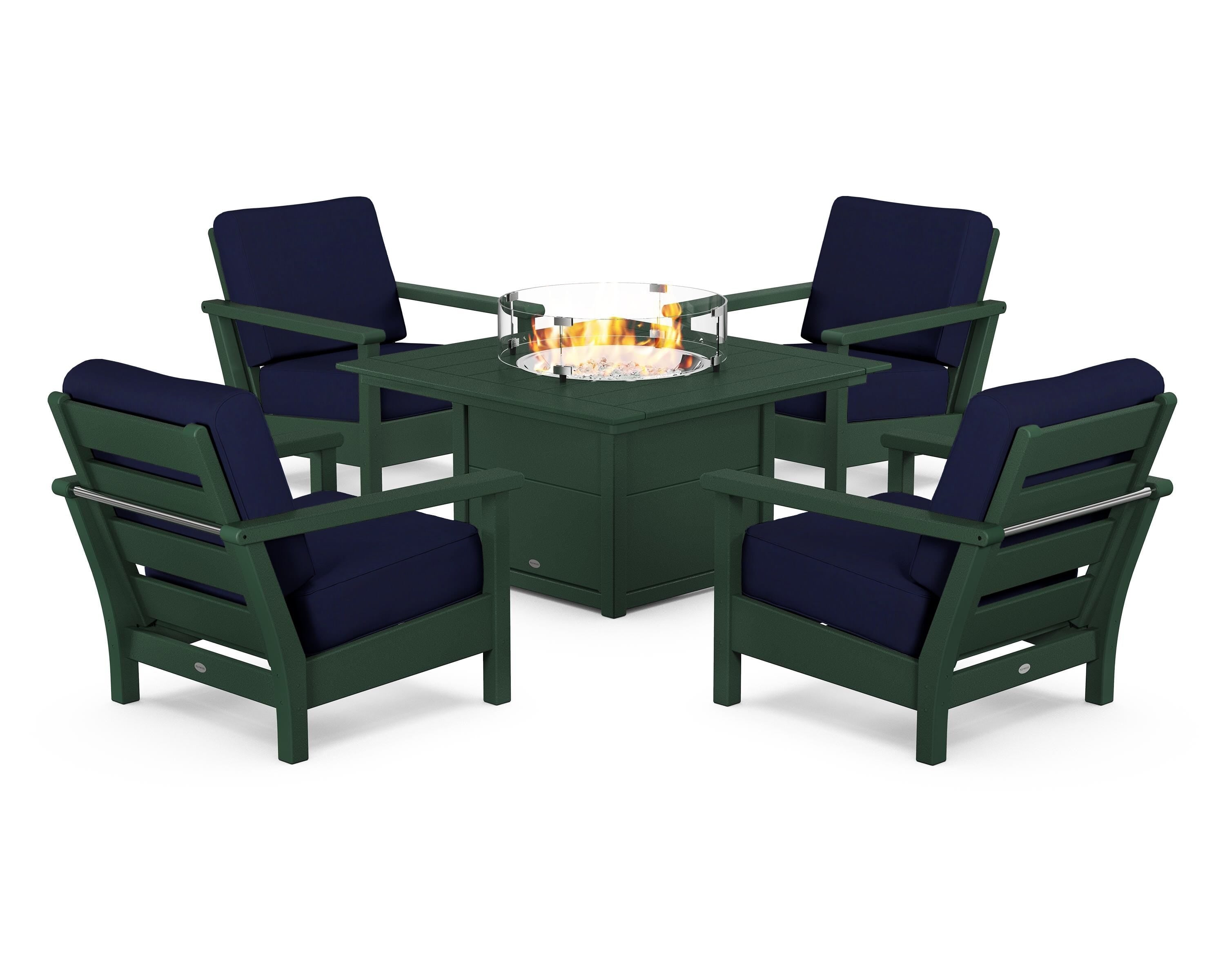 POLYWOOD Harbour 5-Piece Conversation Set with Fire Pit Table in Green / Navy