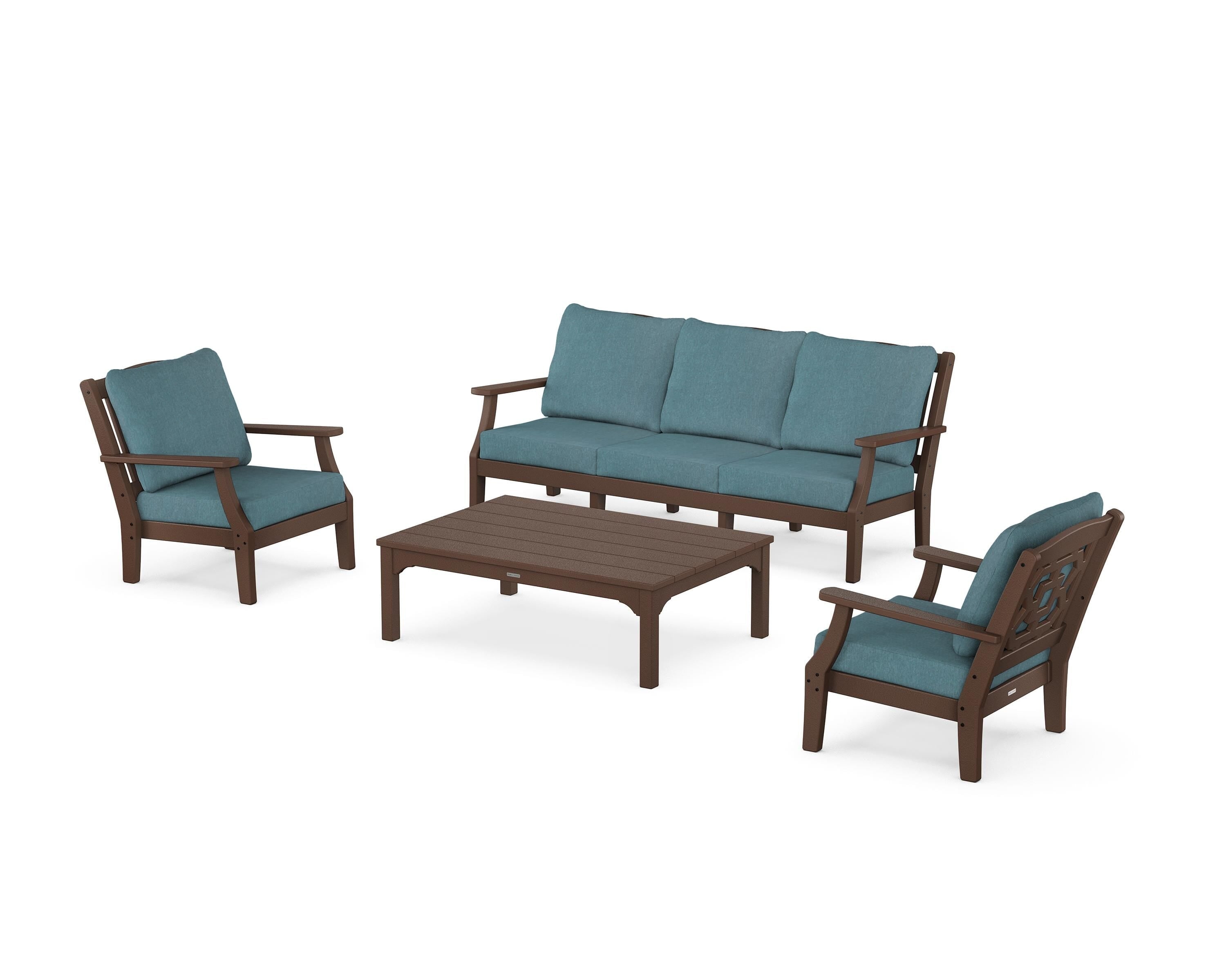 Martha Stewart by POLYWOOD Chinoiserie 4-Piece Deep Seating Set with Sofa in Mahogany / Ocean Teal