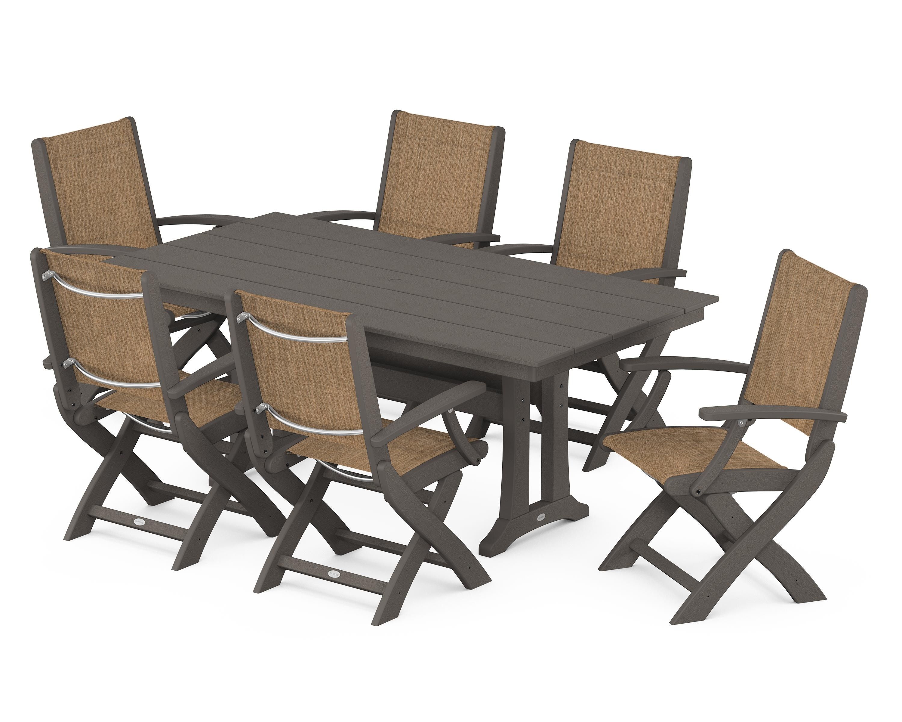 POLYWOOD Coastal Folding Arm Chair 7-Piece Farmhouse Dining Set with Trestle Legs in Vintage Coffee / Burlap Sling