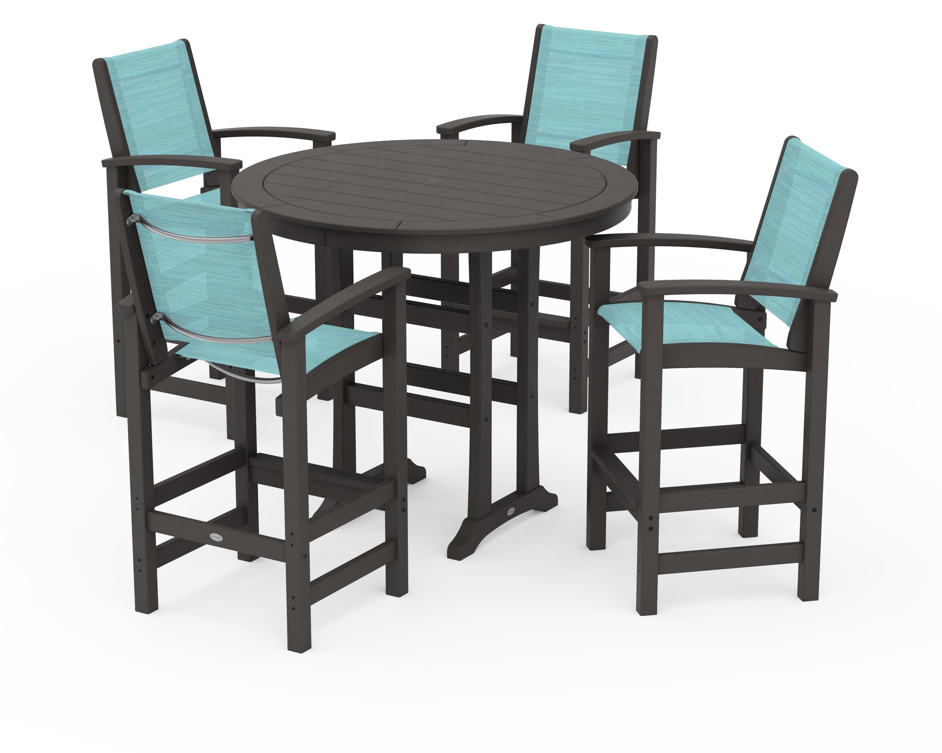 POLYWOOD Coastal 5-Piece Nautical Trestle Bar Set in Vintage Coffee / Dupioni Aquamarine Sling