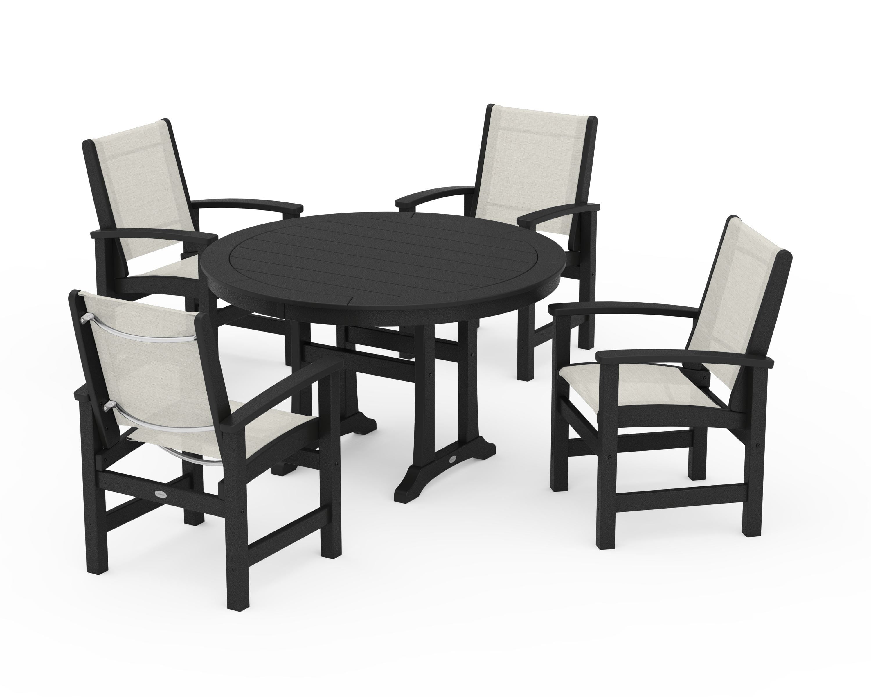 POLYWOOD Coastal 5-Piece Round Dining Set with Trestle Legs in Black / Parchment Sling