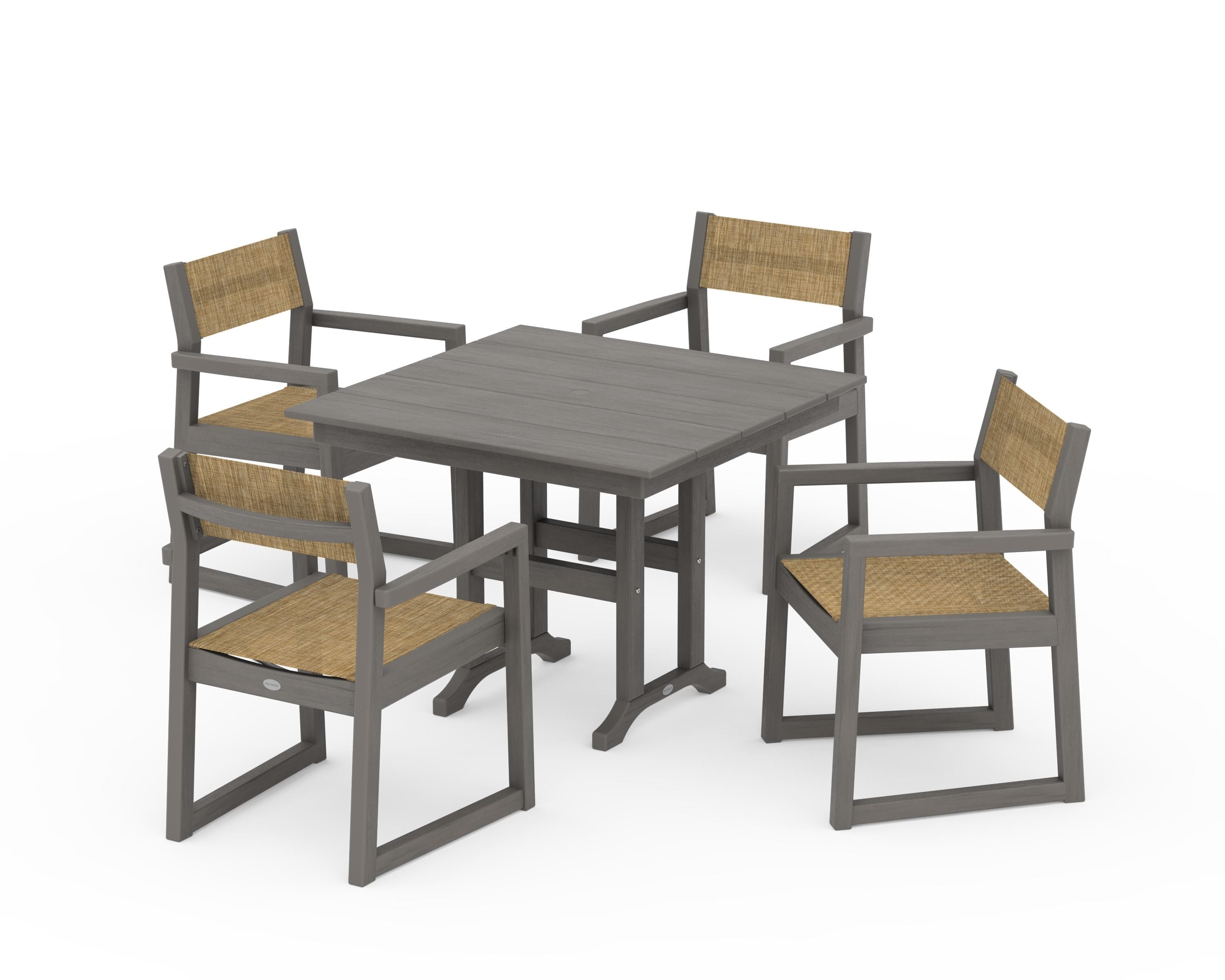 POLYWOOD EDGE Sling Arm Chair 5-Piece Farmhouse Dining Set in Driftwood / Burlap Sling