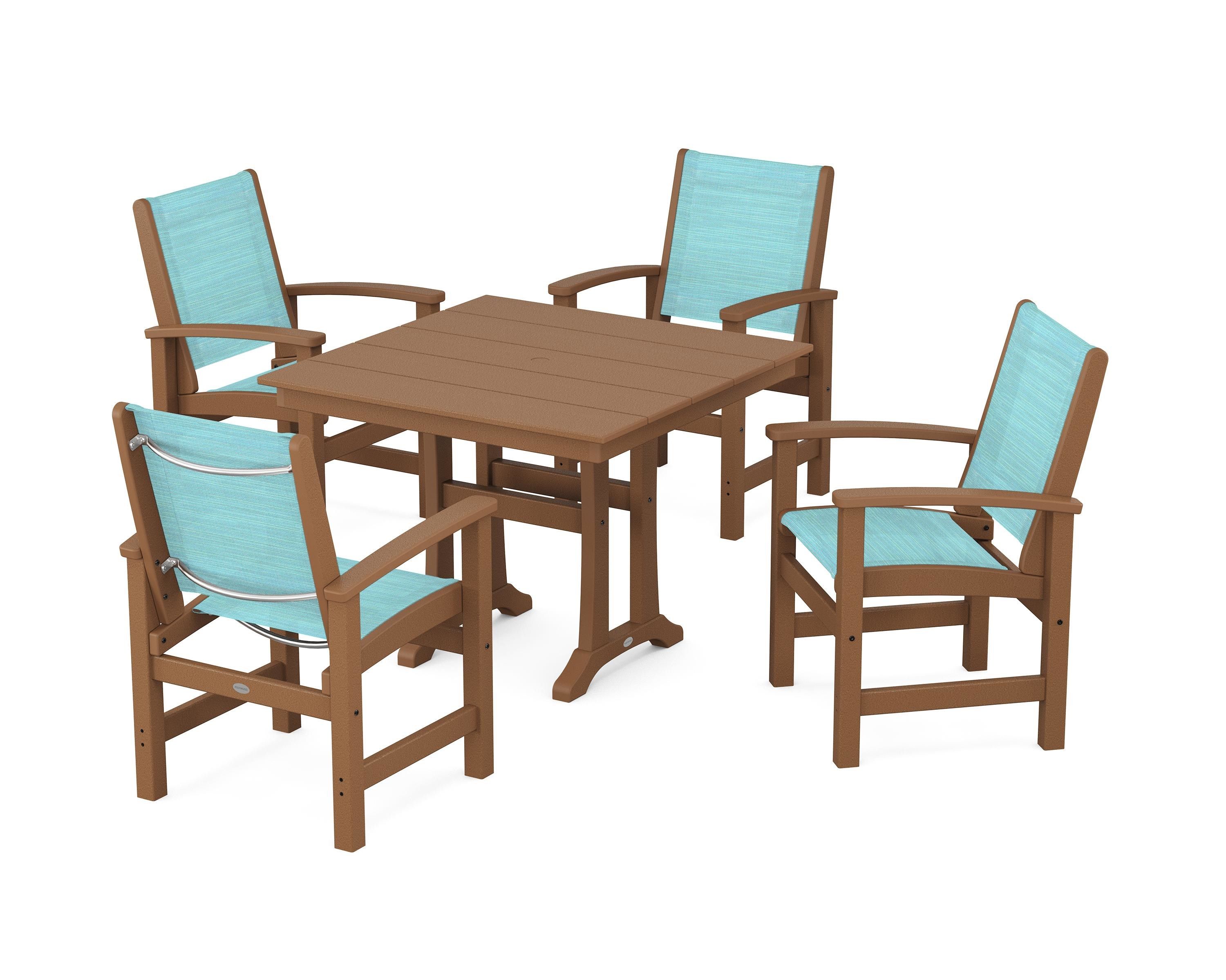 POLYWOOD Coastal 5-Piece Farmhouse Dining Set With Trestle Legs in Teak / Dupioni Aquamarine Sling