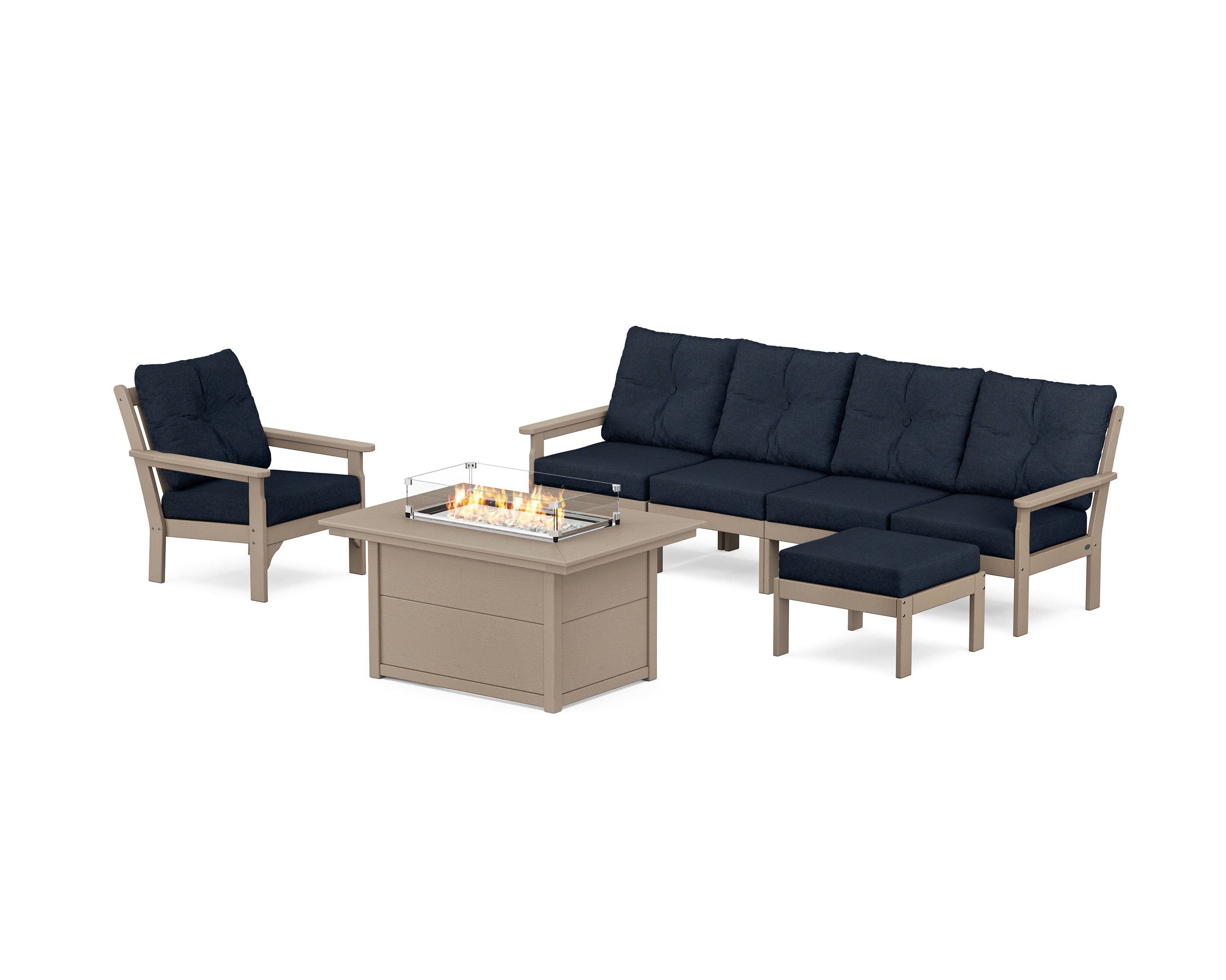 POLYWOOD Vineyard Sectional Lounge and Fire Pit Set in Vintage Sahara / Marine Indigo