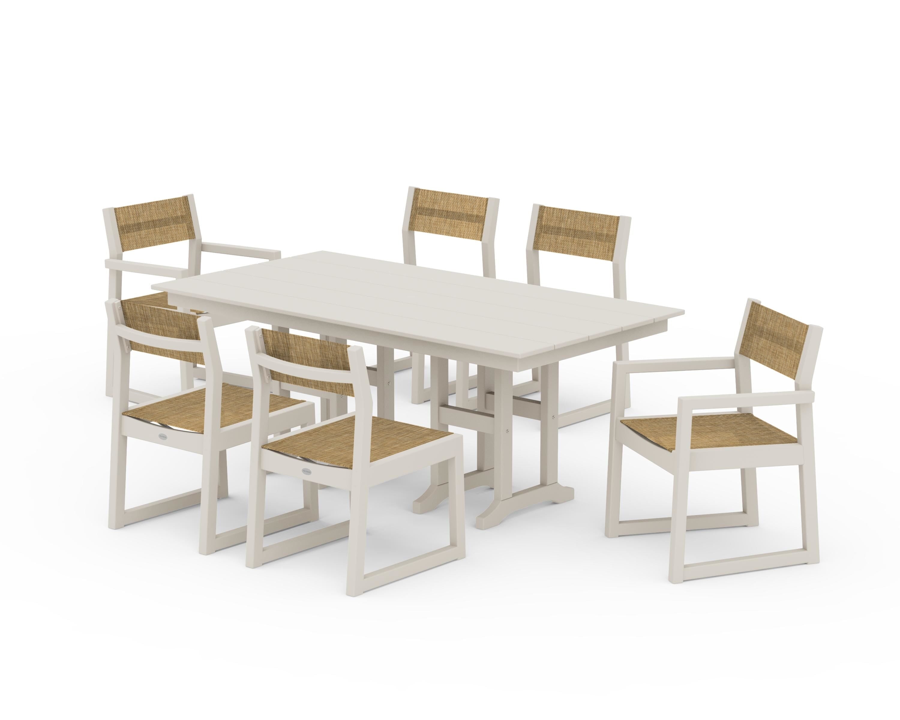 POLYWOOD EDGE Sling 7-Piece Farmhouse Dining Set in Sand / Burlap Sling