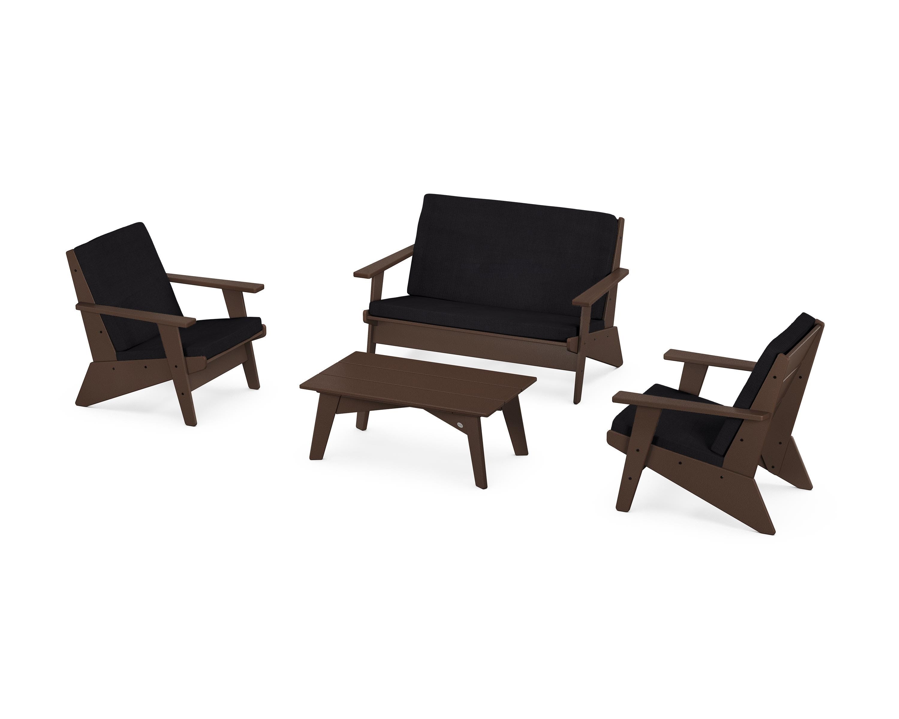 POLYWOOD Riviera Modern Lounge 4-Piece Set in Mahogany / Midnight Linen