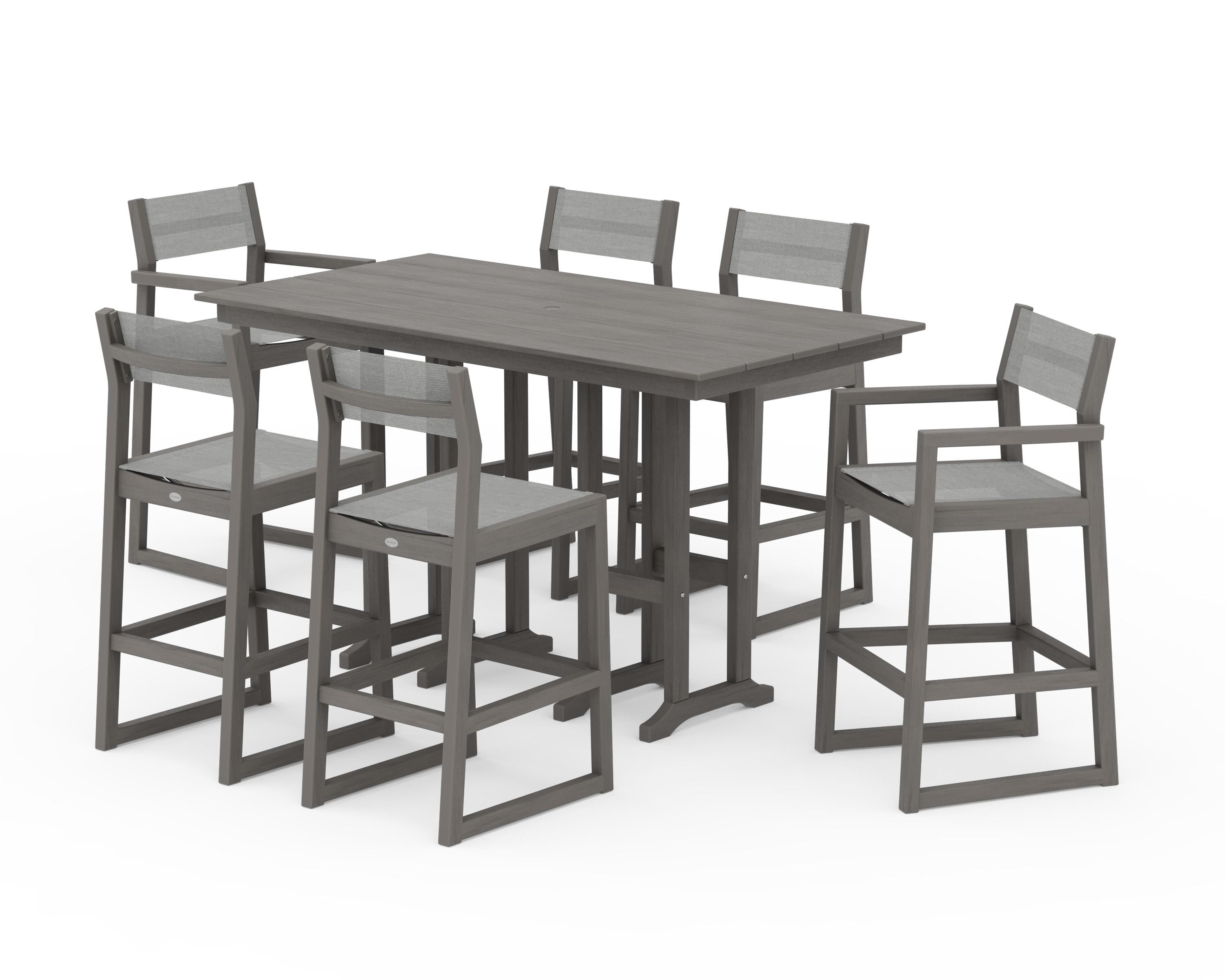 POLYWOOD EDGE Sling 7-Piece Farmhouse Bar Set in Driftwood / Metallic Sling