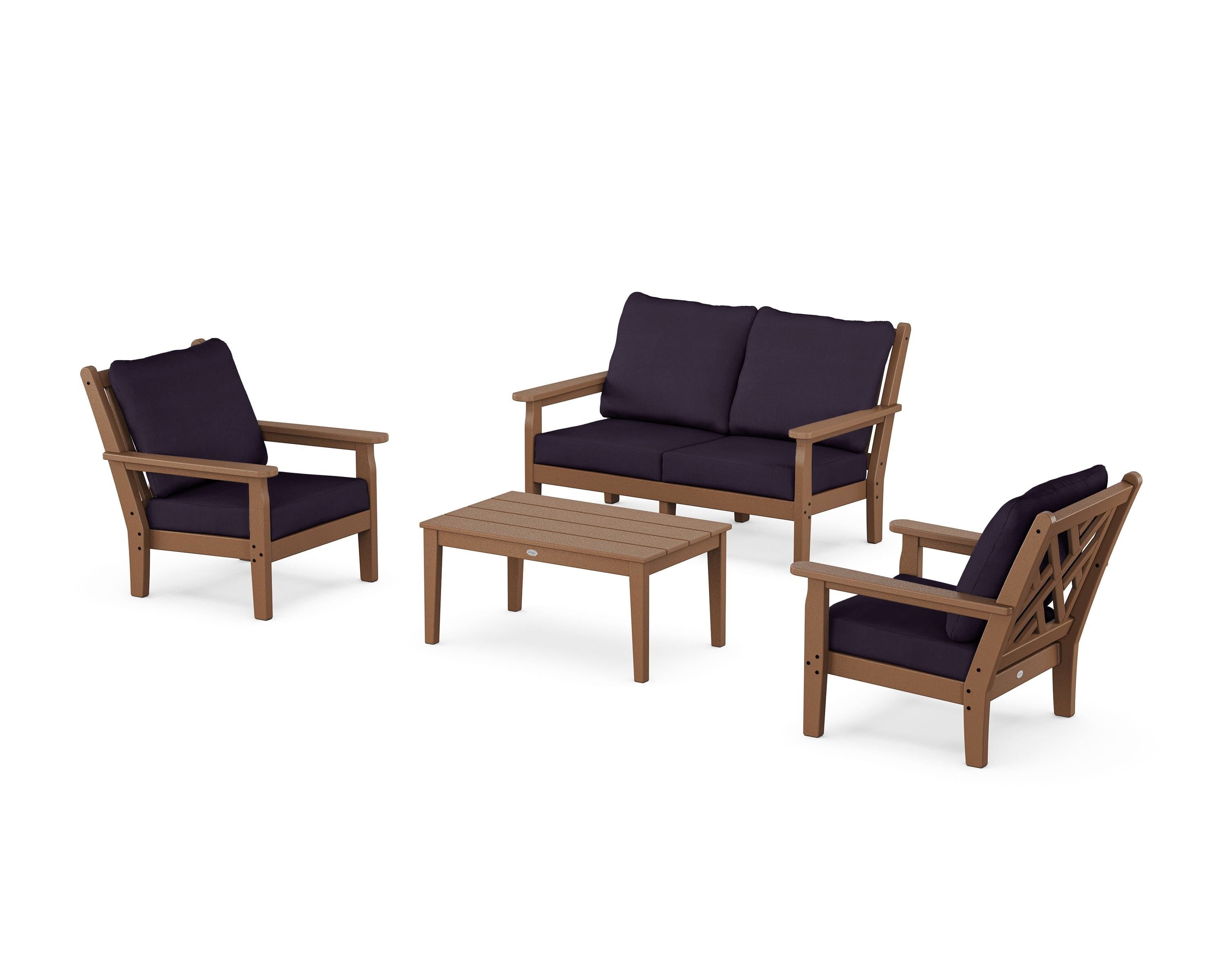 POLYWOOD Chippendale 4-Piece Deep Seating Set with Loveseat in Teak / Navy Linen