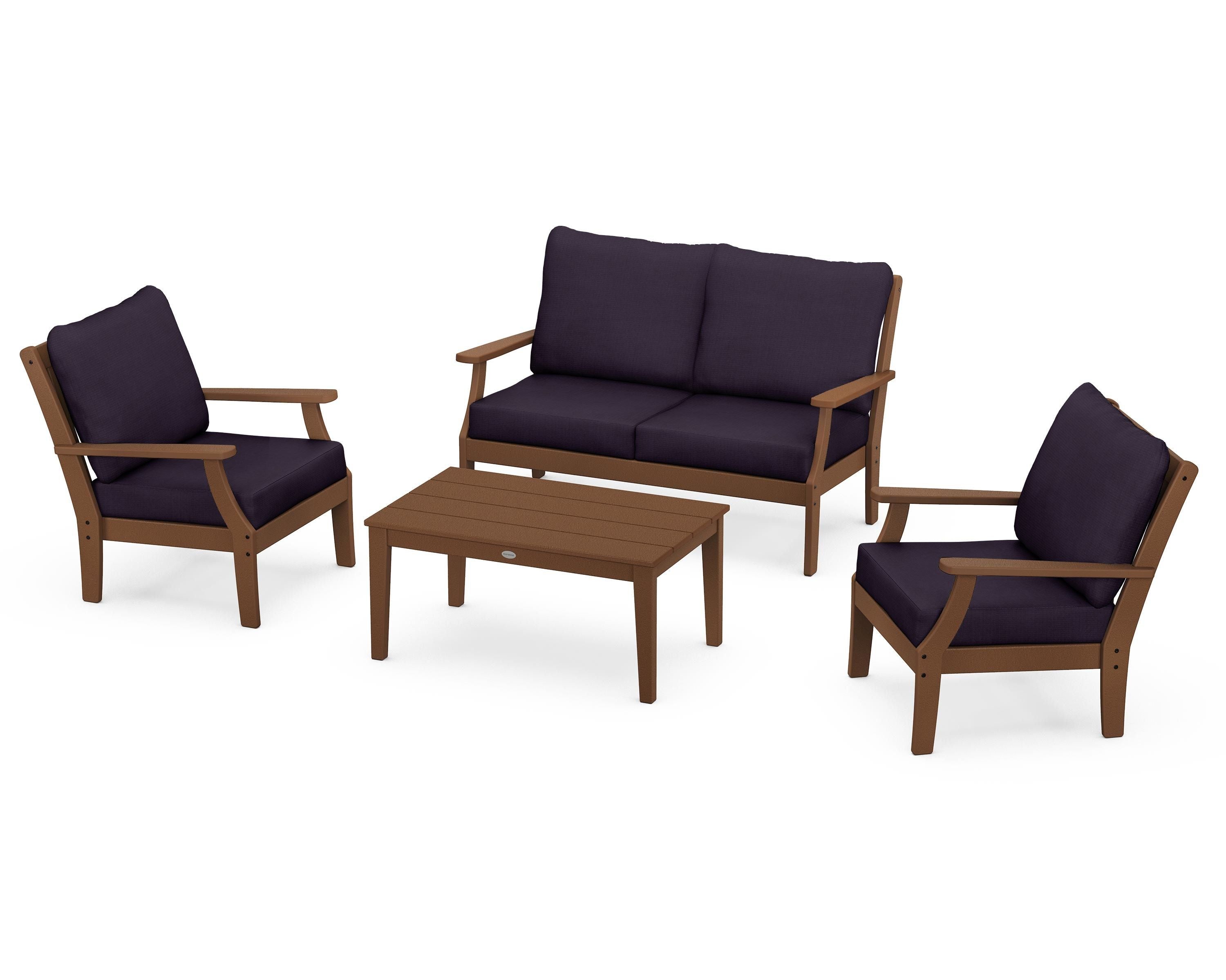 POLYWOOD Braxton 4-Piece Deep Seating Chair Set in Teak / Navy Linen