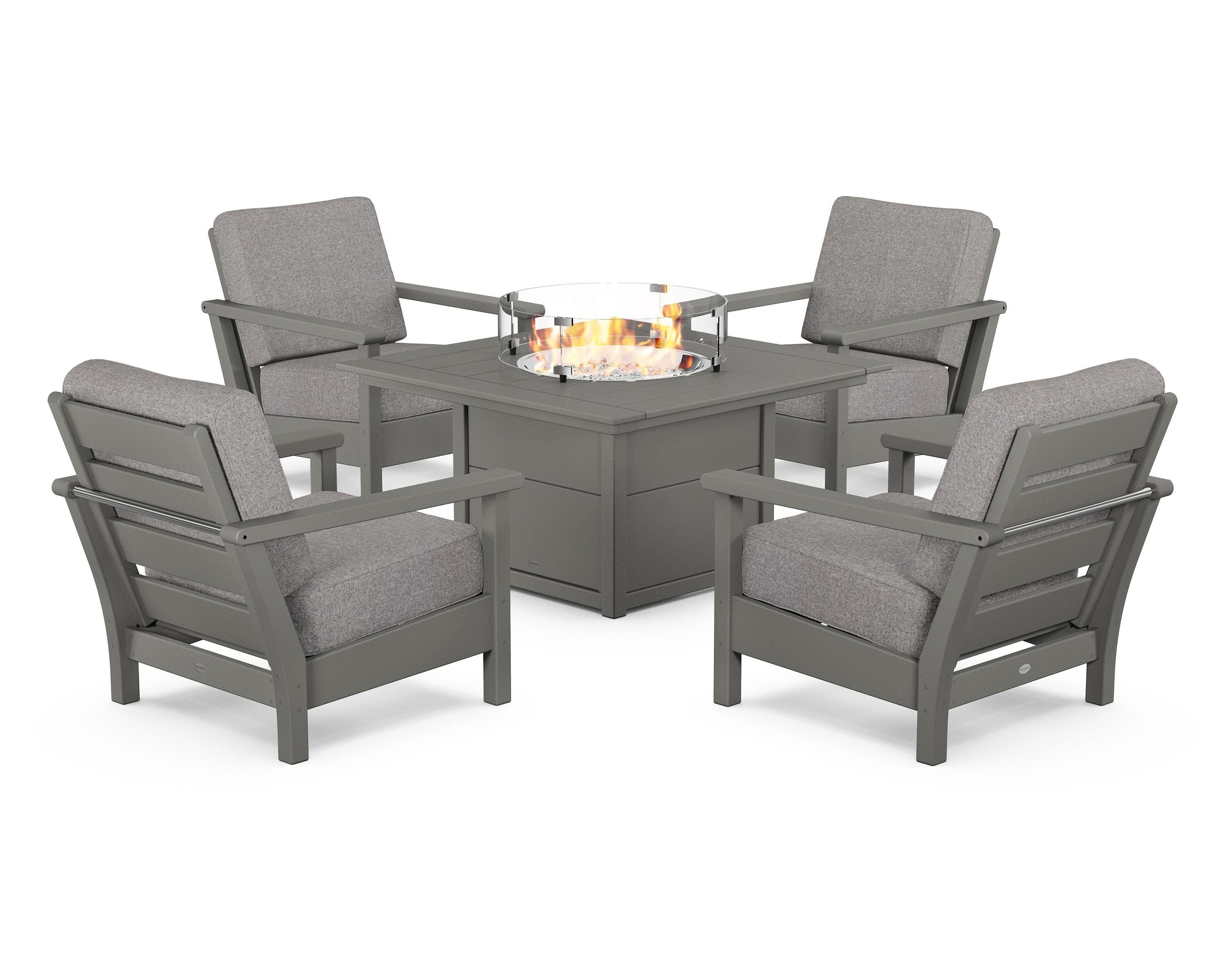 POLYWOOD Harbour 5-Piece Conversation Set with Fire Pit Table in Slate Grey / Grey Mist
