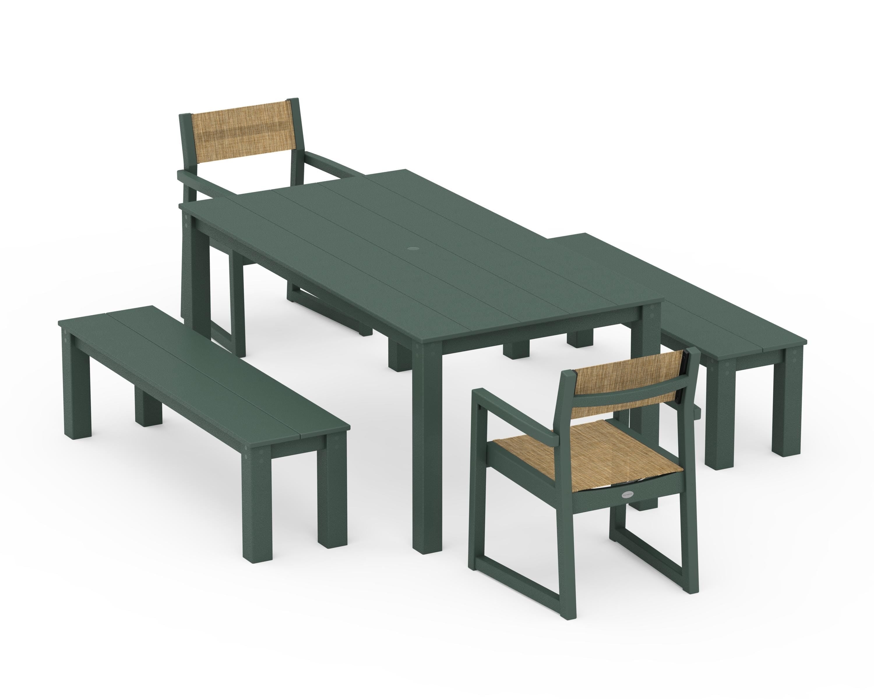 POLYWOOD EDGE Sling Arm Chair 5-Piece Parsons Dining Set with Benches in Green / Burlap Sling