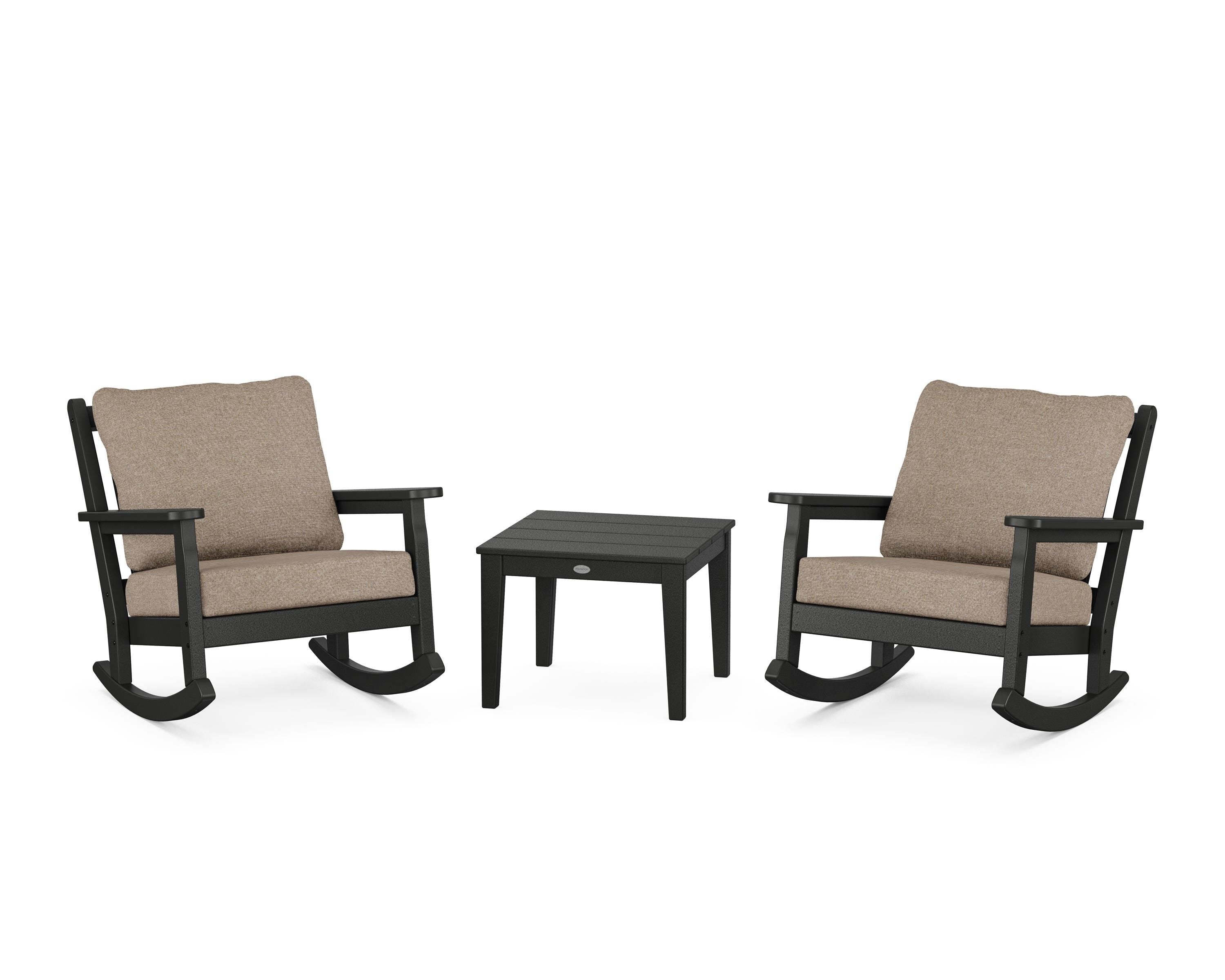 POLYWOOD Chippendale 3-Piece Deep Seating Rocker Set in Black / Spiced Burlap