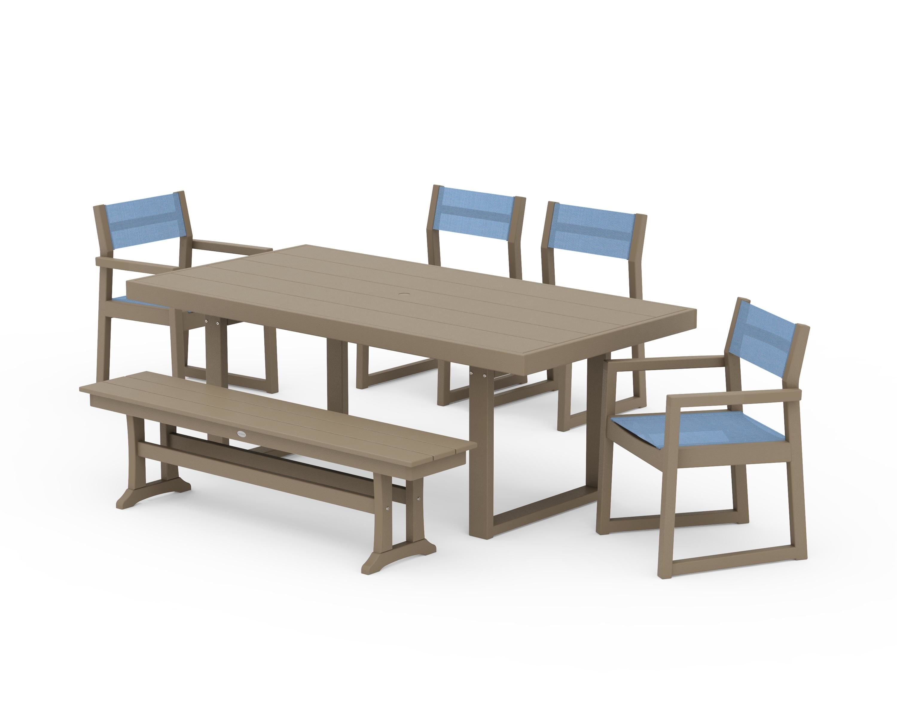 POLYWOOD EDGE Sling 6-Piece Dining Set with Bench in Vintage Sahara / Poolside Sling