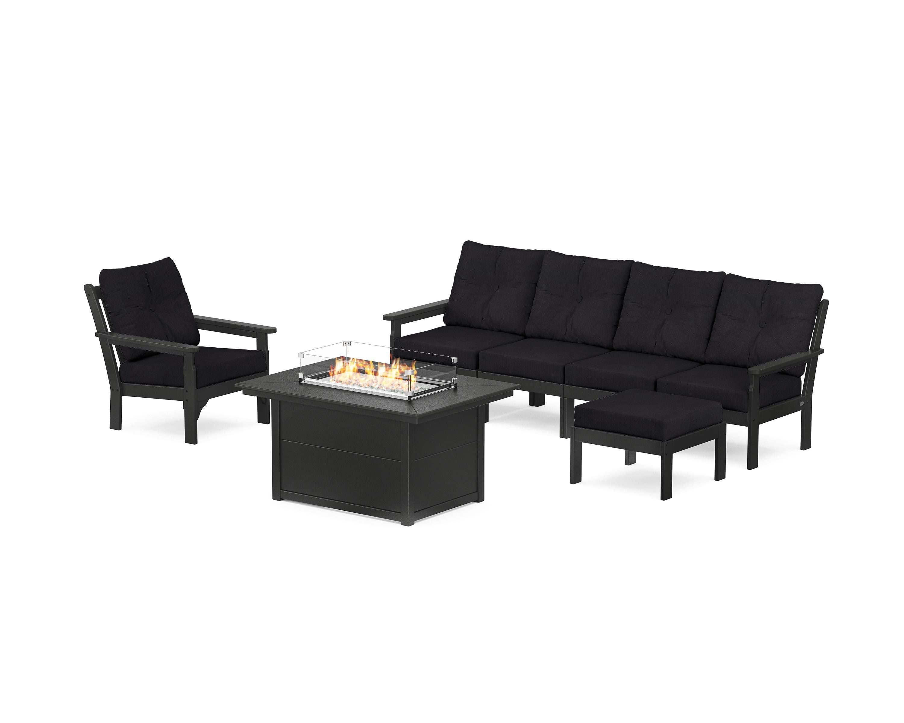 POLYWOOD Vineyard Sectional Lounge and Fire Pit Set in Black / Midnight Linen