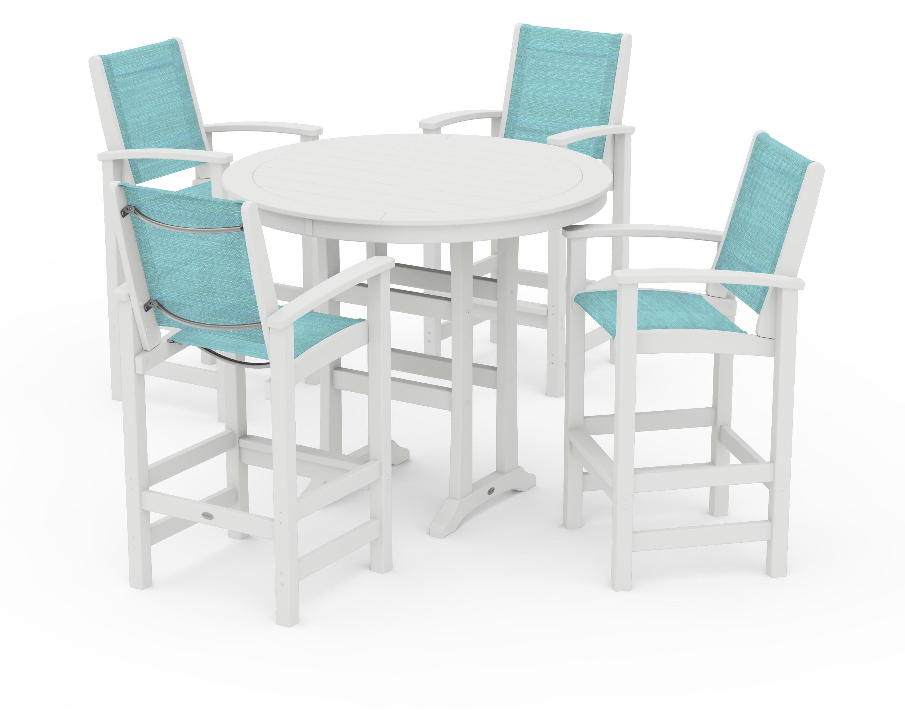 POLYWOOD Coastal 5-Piece Nautical Trestle Bar Set in Vintage White / Dupioni Aquamarine Sling