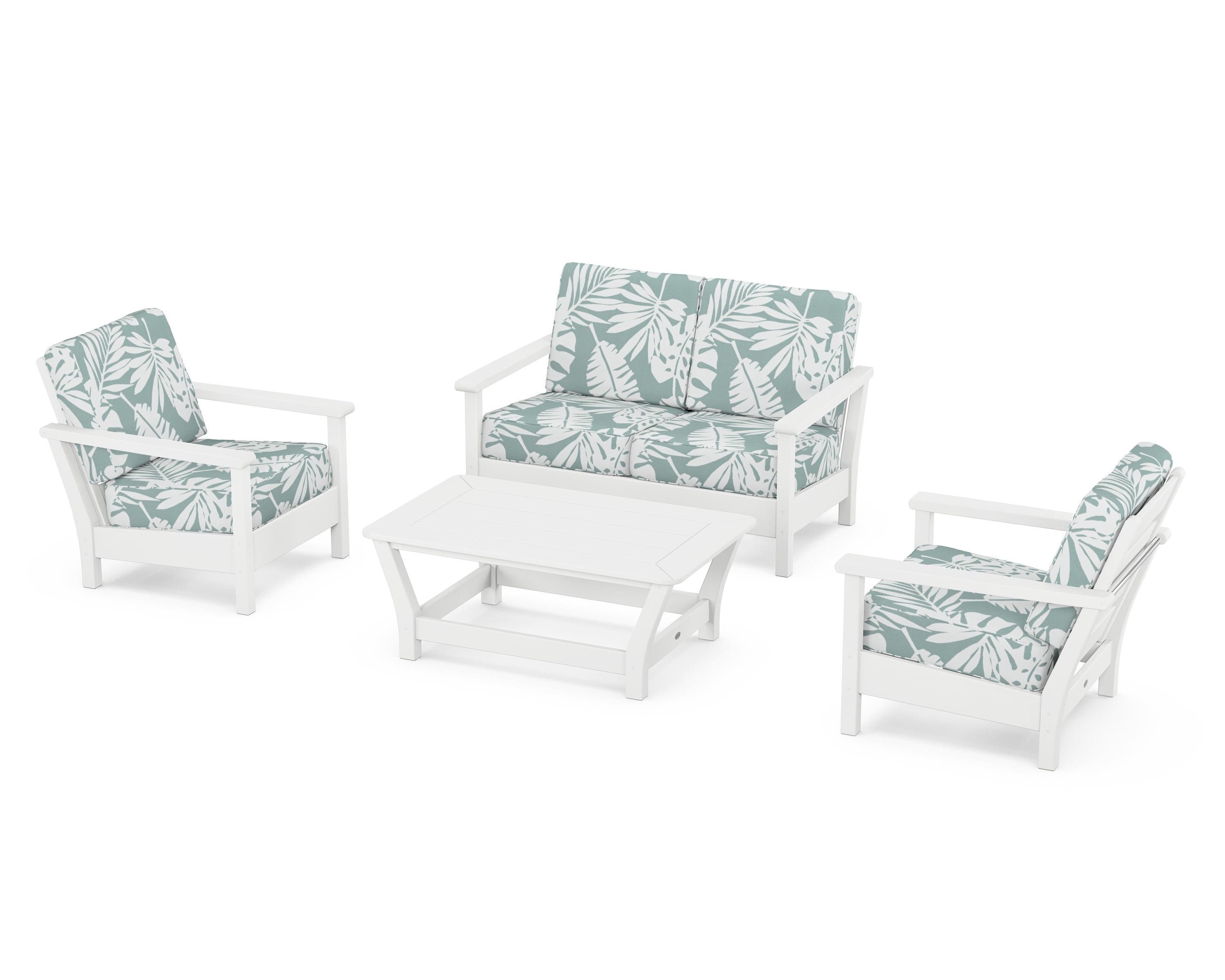 POLYWOOD Harbour 4-Piece Deep Seating Set in White / Leaf Glacier Spa