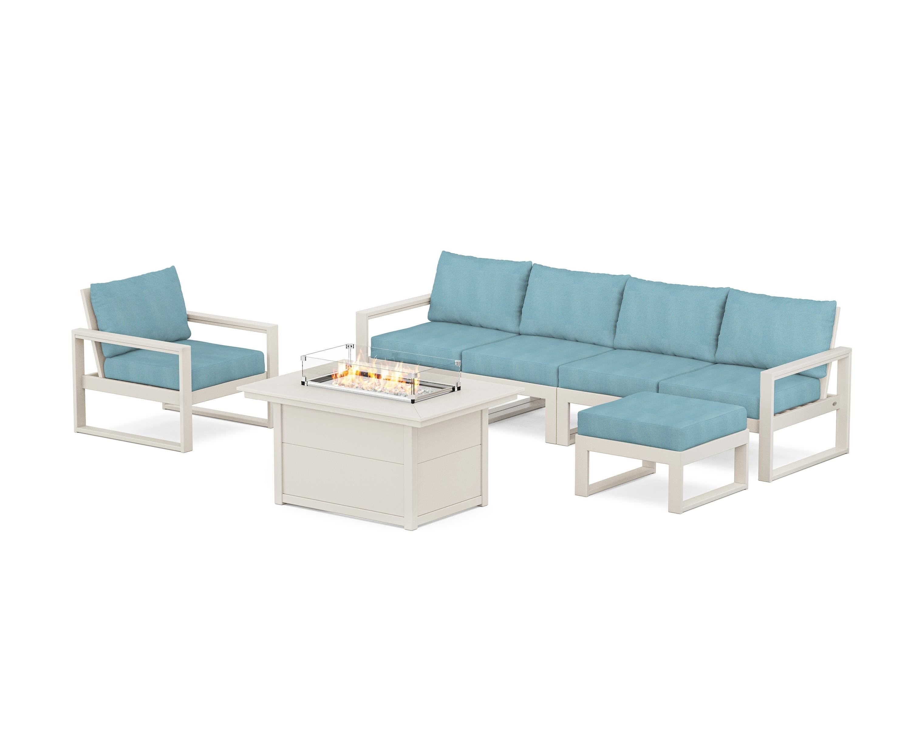 POLYWOOD EDGE Sectional Lounge and Fire Pit Set in Sand / Lattice Sky Blue