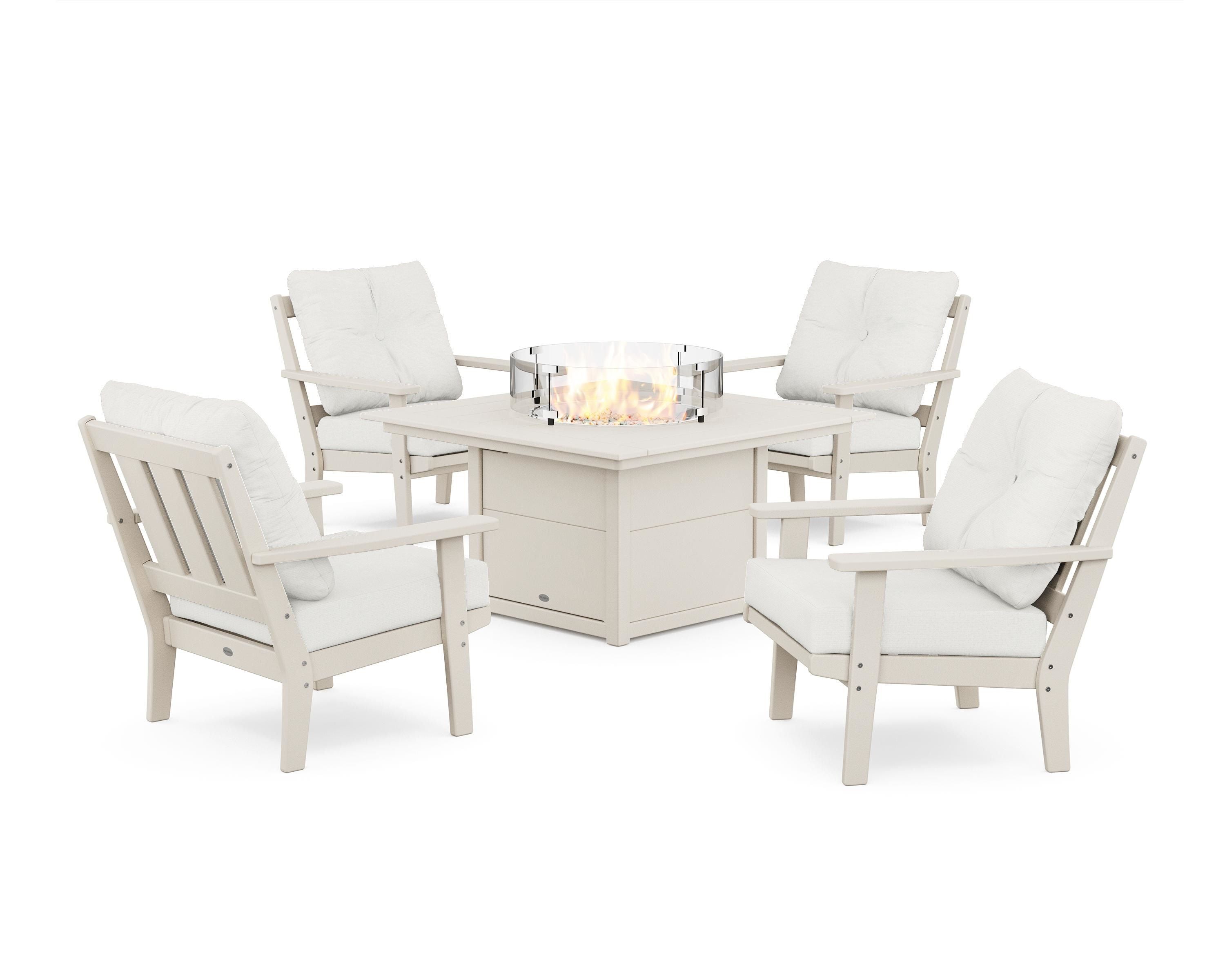 POLYWOOD Oxford 5-Piece Deep Seating Set with Fire Pit Table in Sand / Natural Linen