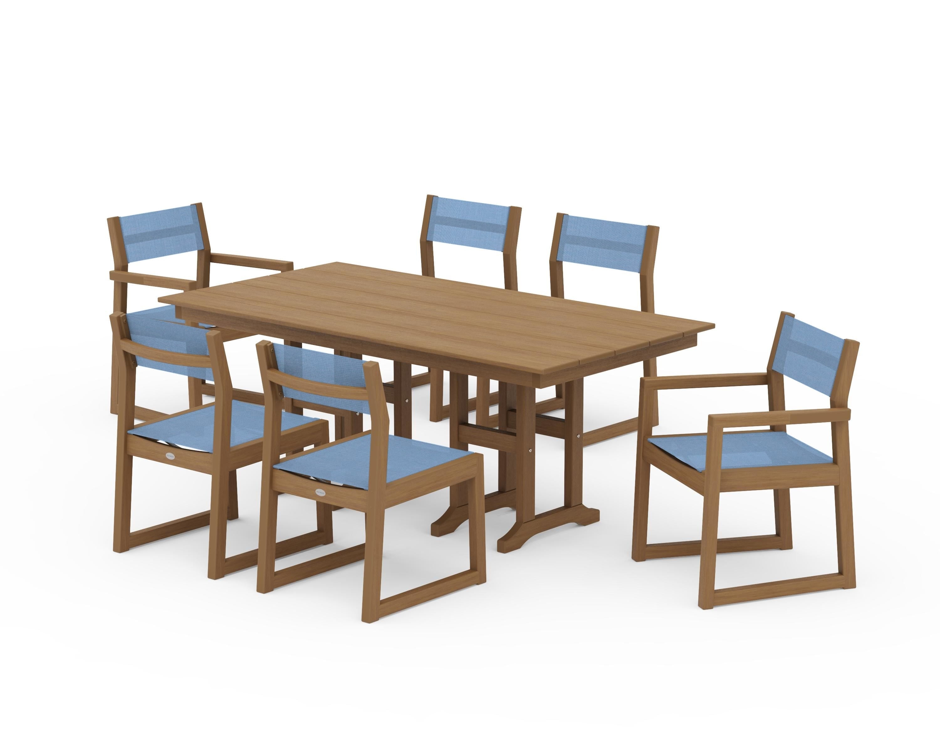 POLYWOOD EDGE Sling 7-Piece Farmhouse Dining Set in Natural / Poolside Sling