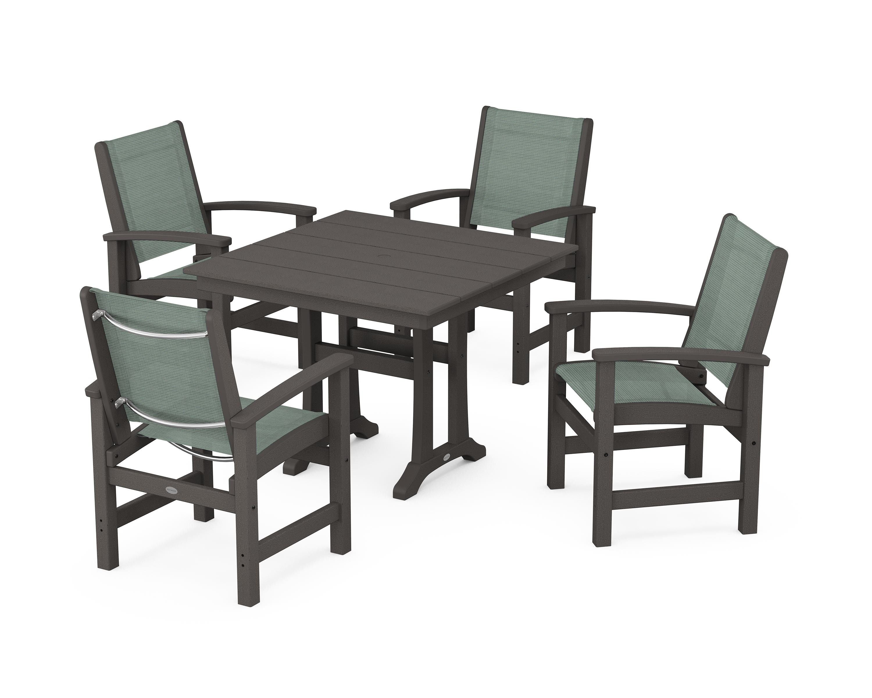 POLYWOOD Coastal 5-Piece Farmhouse Dining Set With Trestle Legs in Vintage Coffee / Dupioni Sea Mist Sling