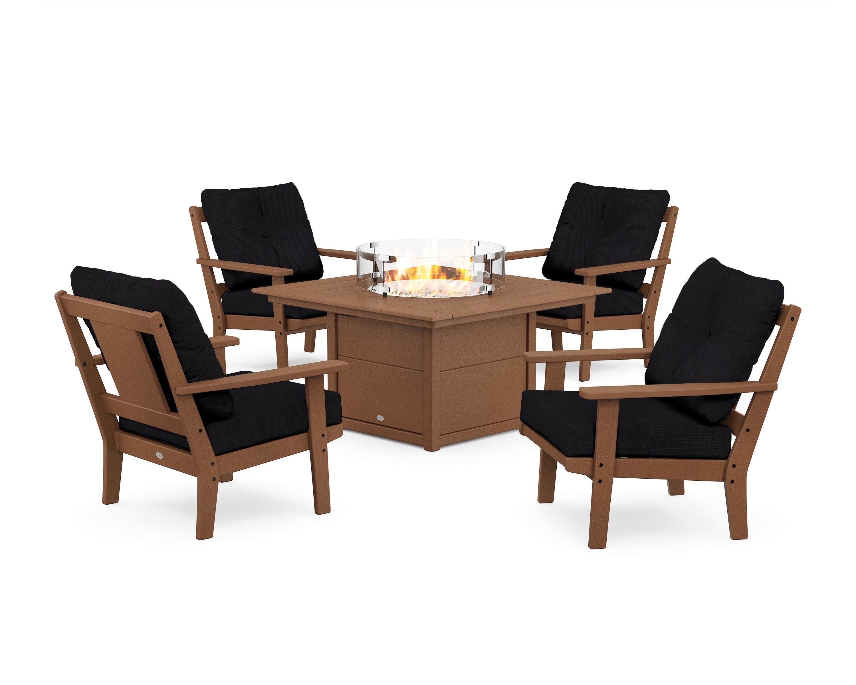 POLYWOOD Prairie 5-Piece Deep Seating Set with Fire Pit Table in Teak / Midnight Linen
