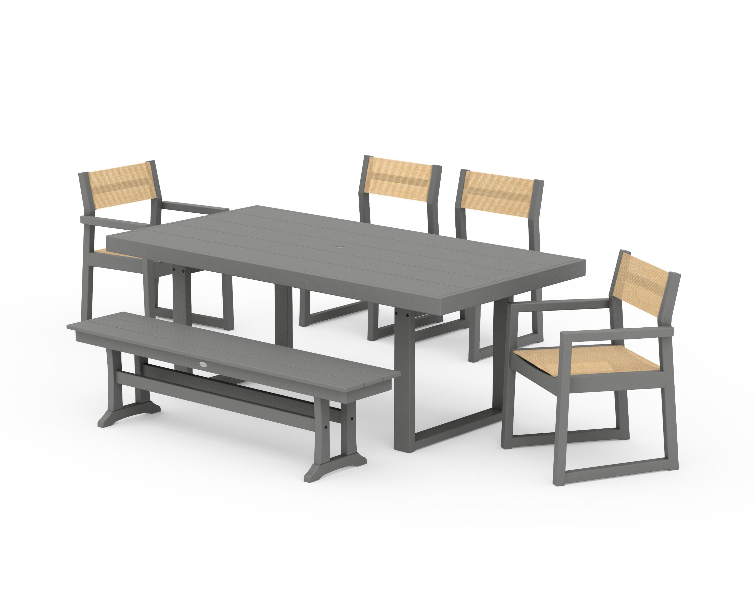 POLYWOOD EDGE Sling 6-Piece Dining Set with Bench in Slate Grey / Dupioni Apricot Sling