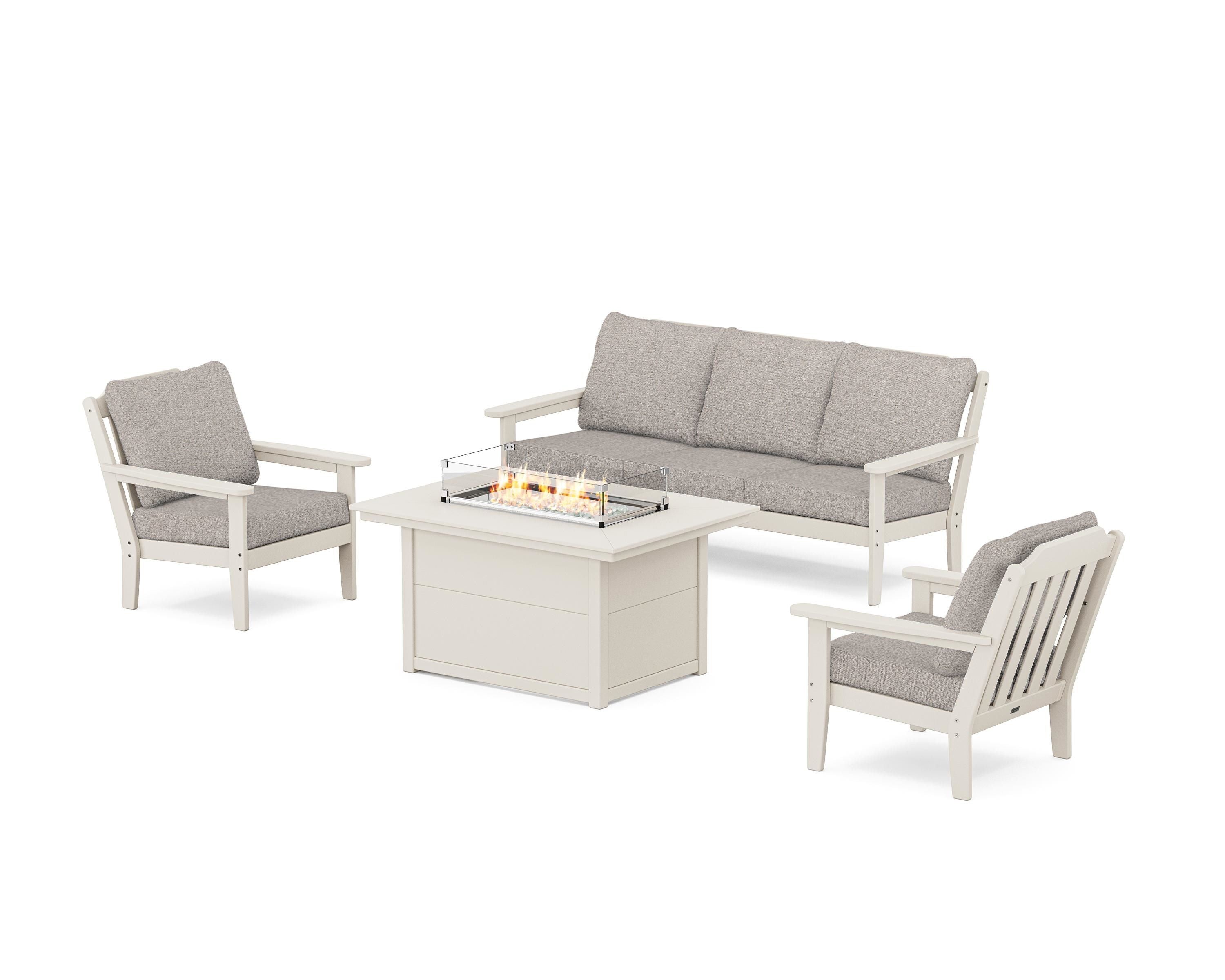 Country Living Cottage Deep Seating Fire Pit Table Set in Sand / Weathered Tweed