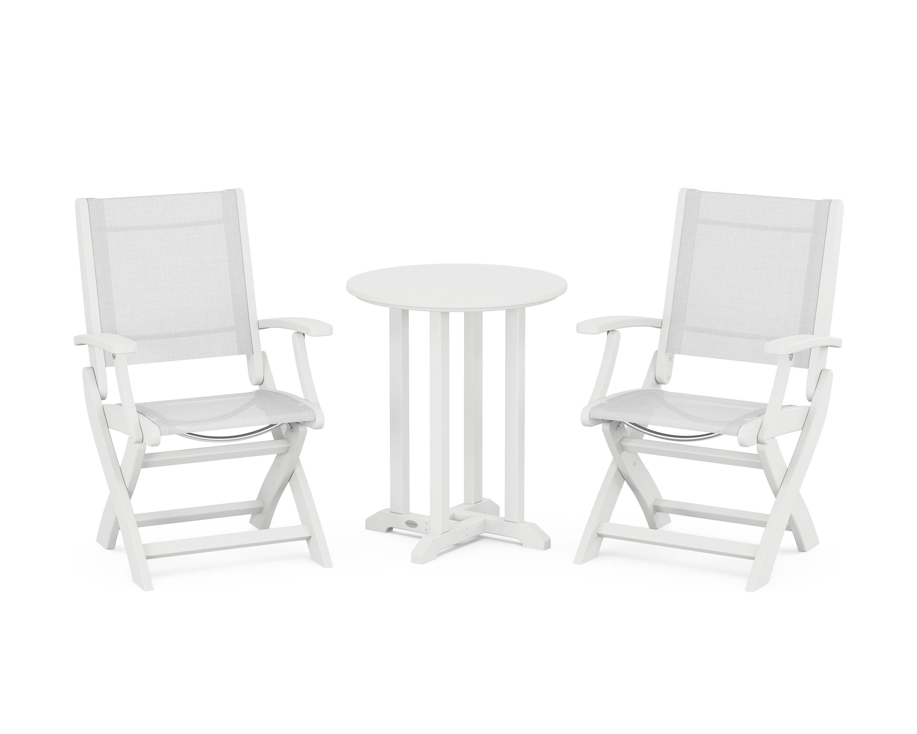 POLYWOOD Coastal Folding 3-Piece Round Bistro Dining Set in White / White Sling