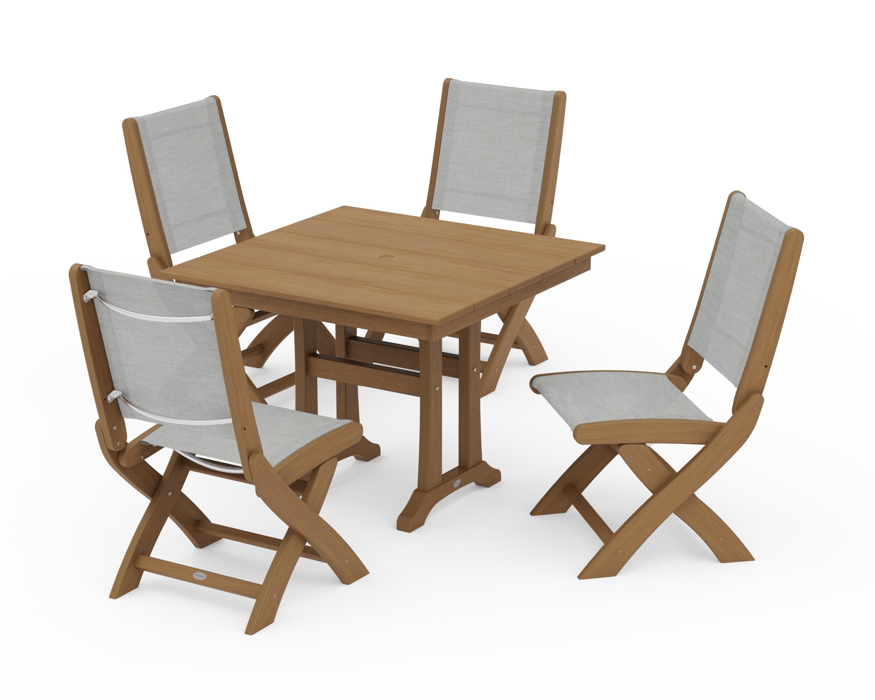 POLYWOOD Coastal Folding Side Chair 5-Piece Farmhouse Dining Set With Trestle Legs in Natural / Metallic Sling