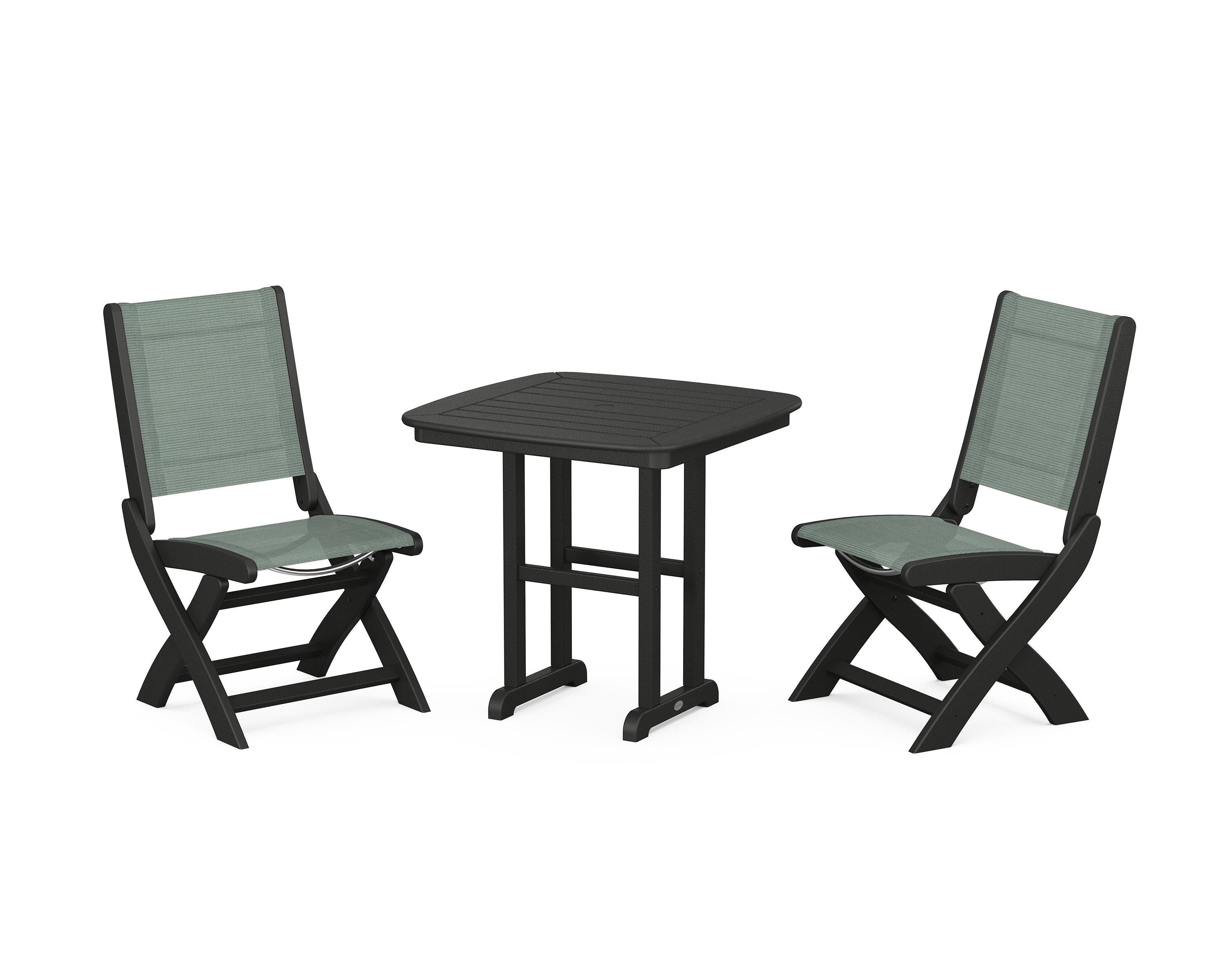 POLYWOOD Coastal Folding Side Chair 3-Piece Dining Set in Black / Dupioni Sea Mist Sling