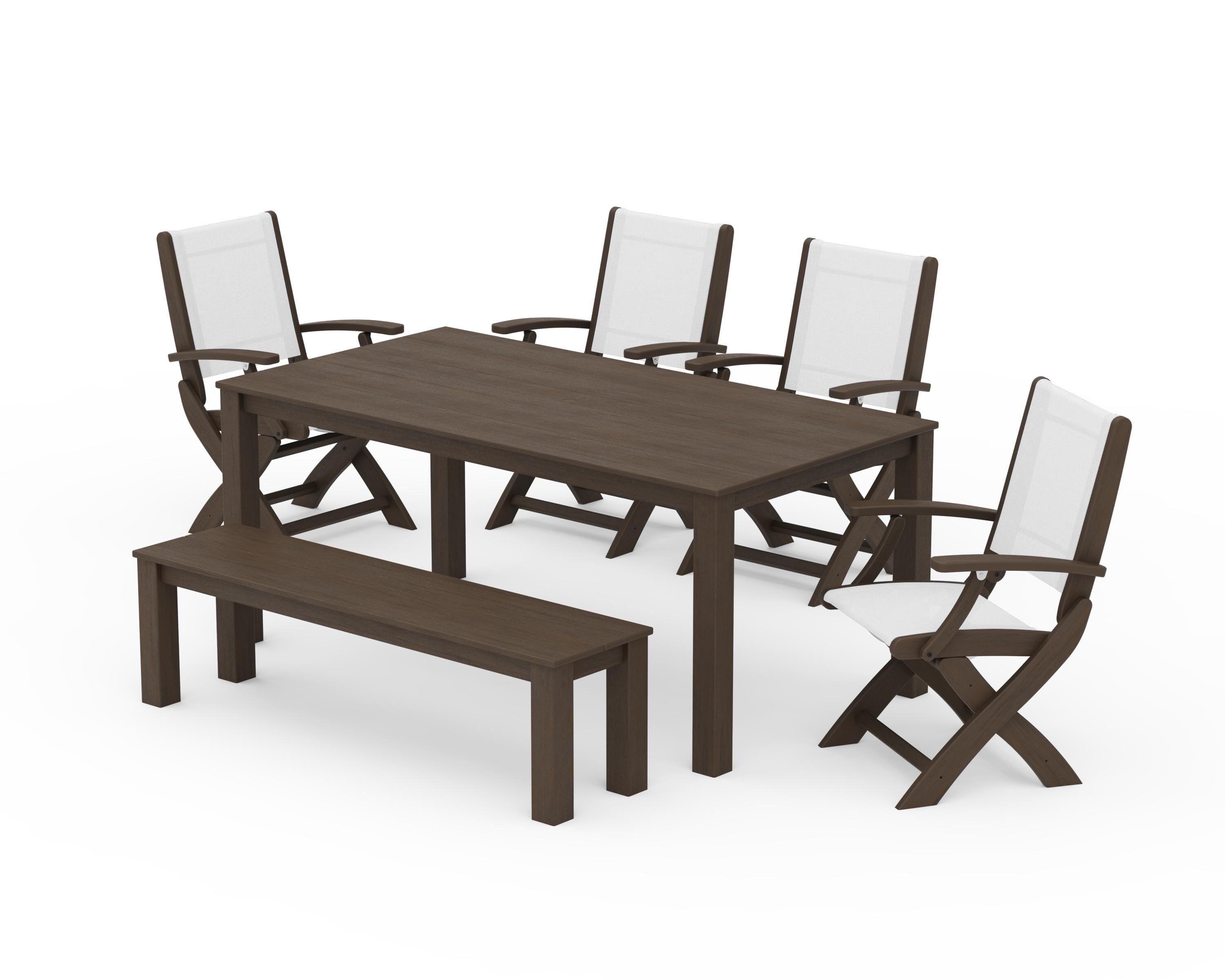 POLYWOOD Coastal Folding Chair 6-Piece Parsons Dining Set with Bench in Kona / White Sling